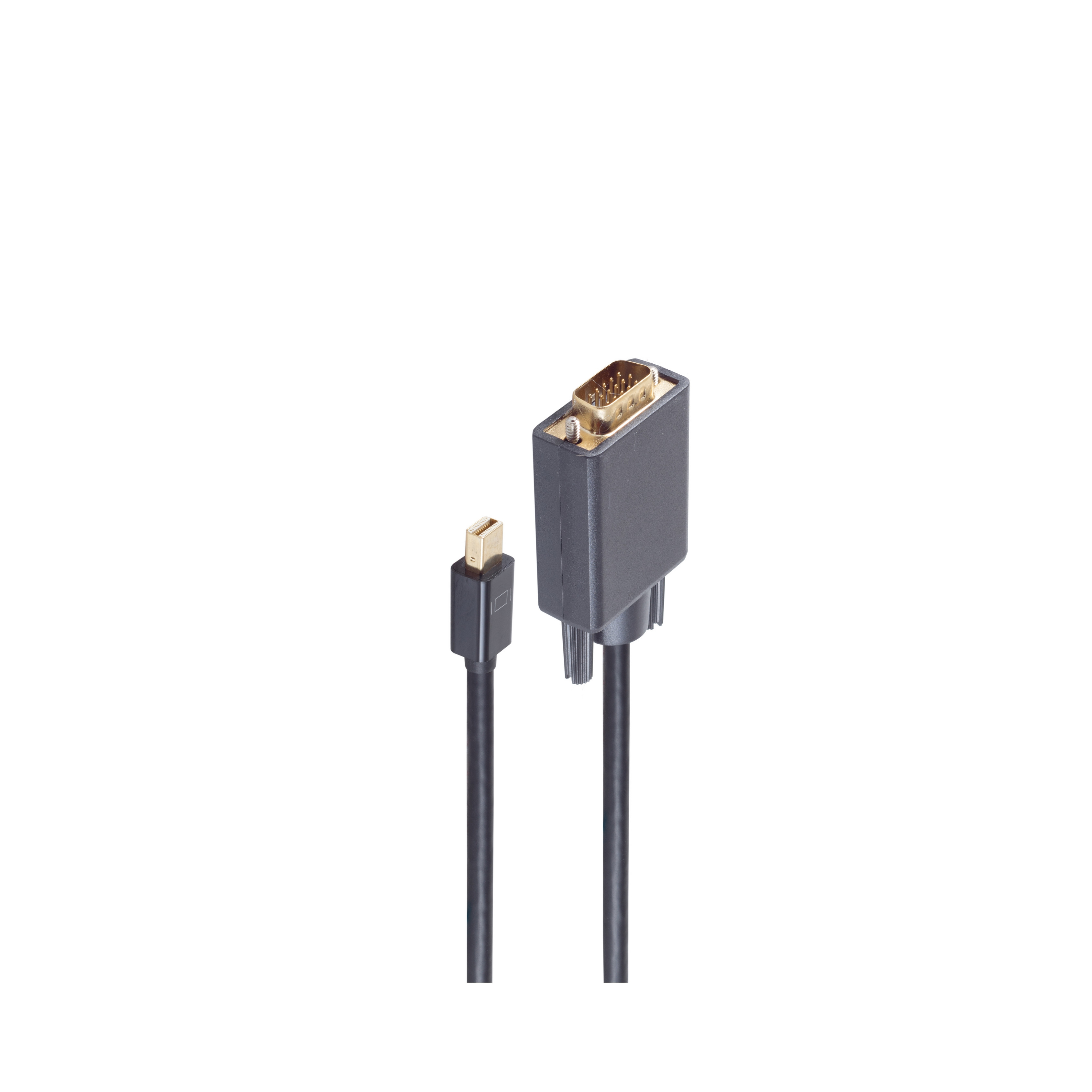 Cavo adattatore nero e oro. Un'estremità è una mini porta display, l'altra un connettore VGA.