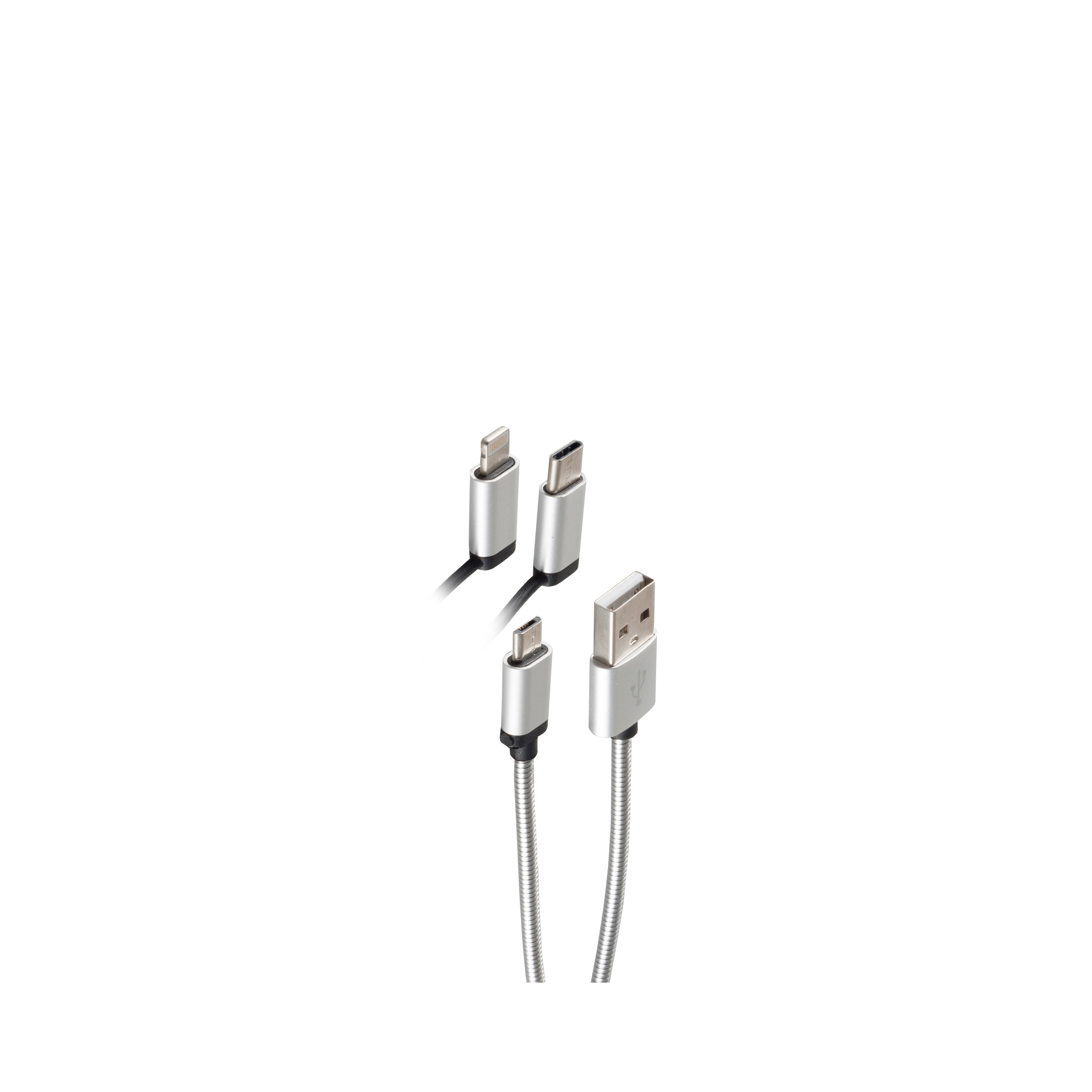 Silberne USB-Kabel mit verschiedenen Anschlüssen: USB-C und Micro-USB, vor weißem Hintergrund.