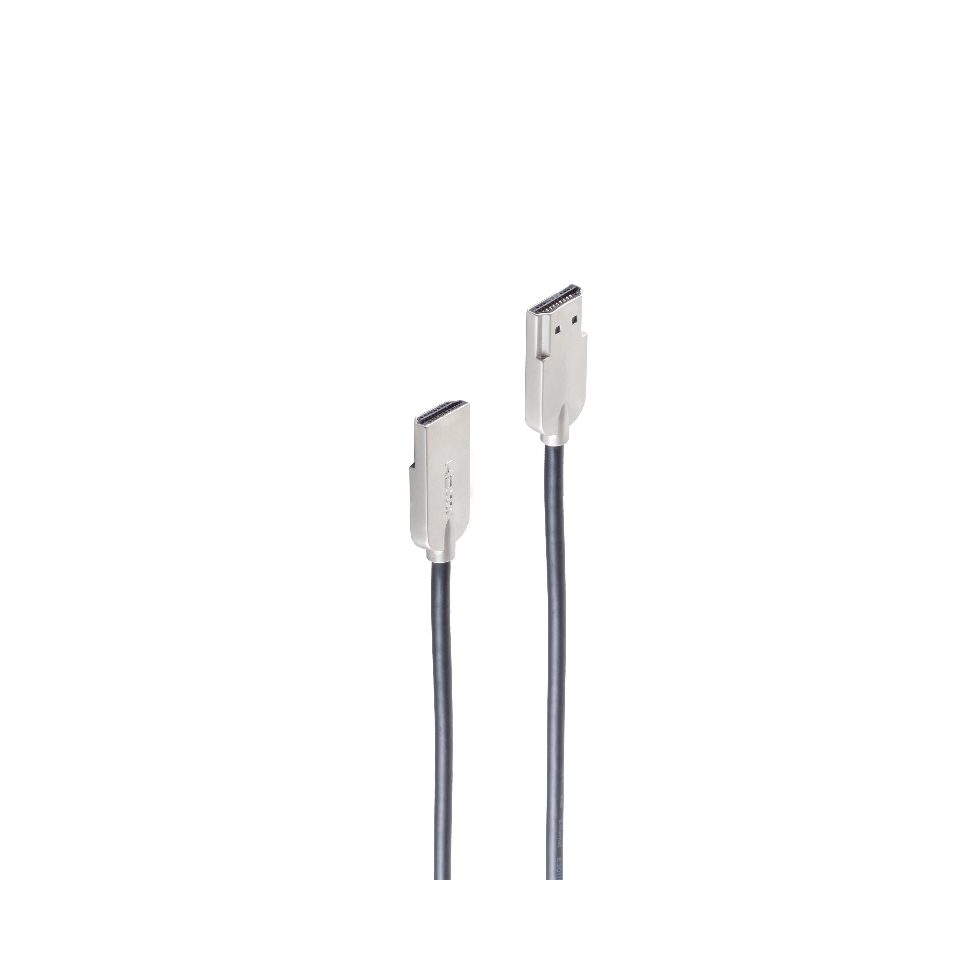 Zwei HDMI-Kabel mit grauen Steckern und schwarzen Kabeln auf weißem Grund.
