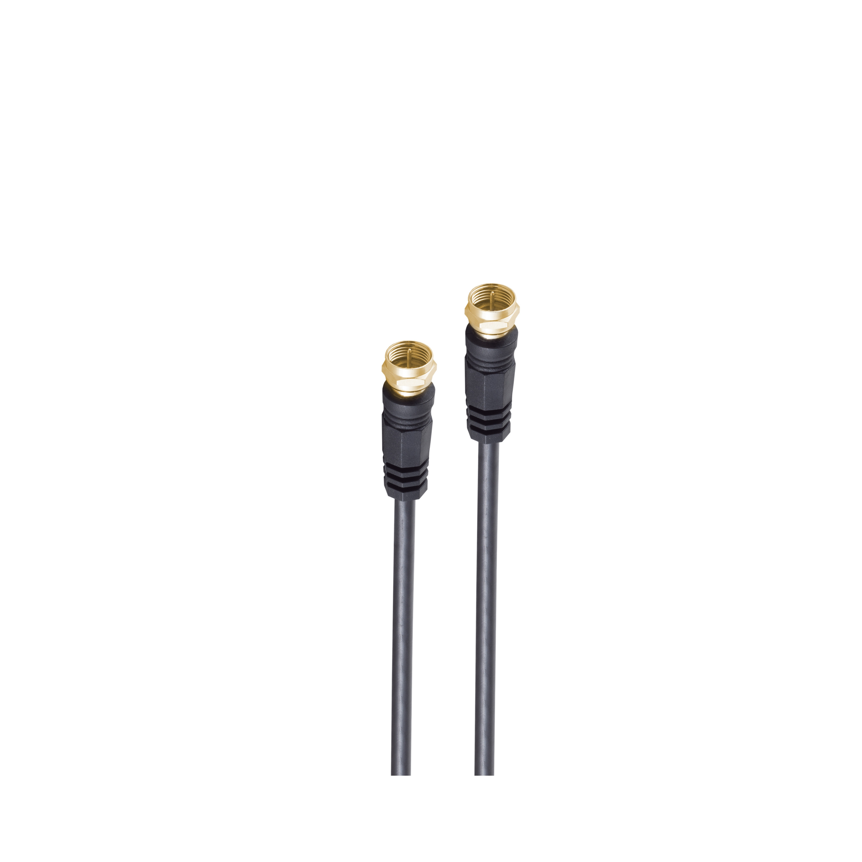 Zwei schwarze Koaxialkabel mit goldenen Steckern vor weißem Hintergrund.