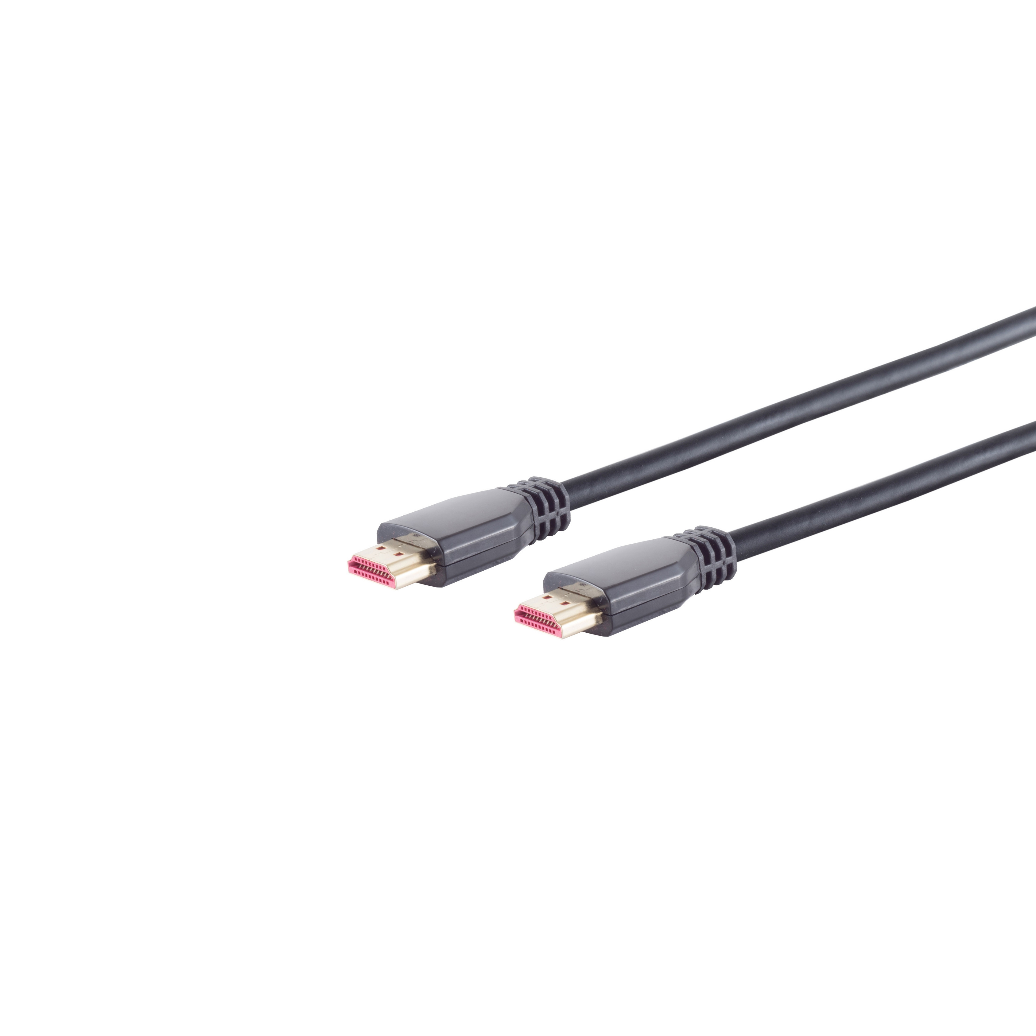 Schwarzes HDMI-Kabel mit Steckern, schräge Ansicht, weißer Hintergrund.