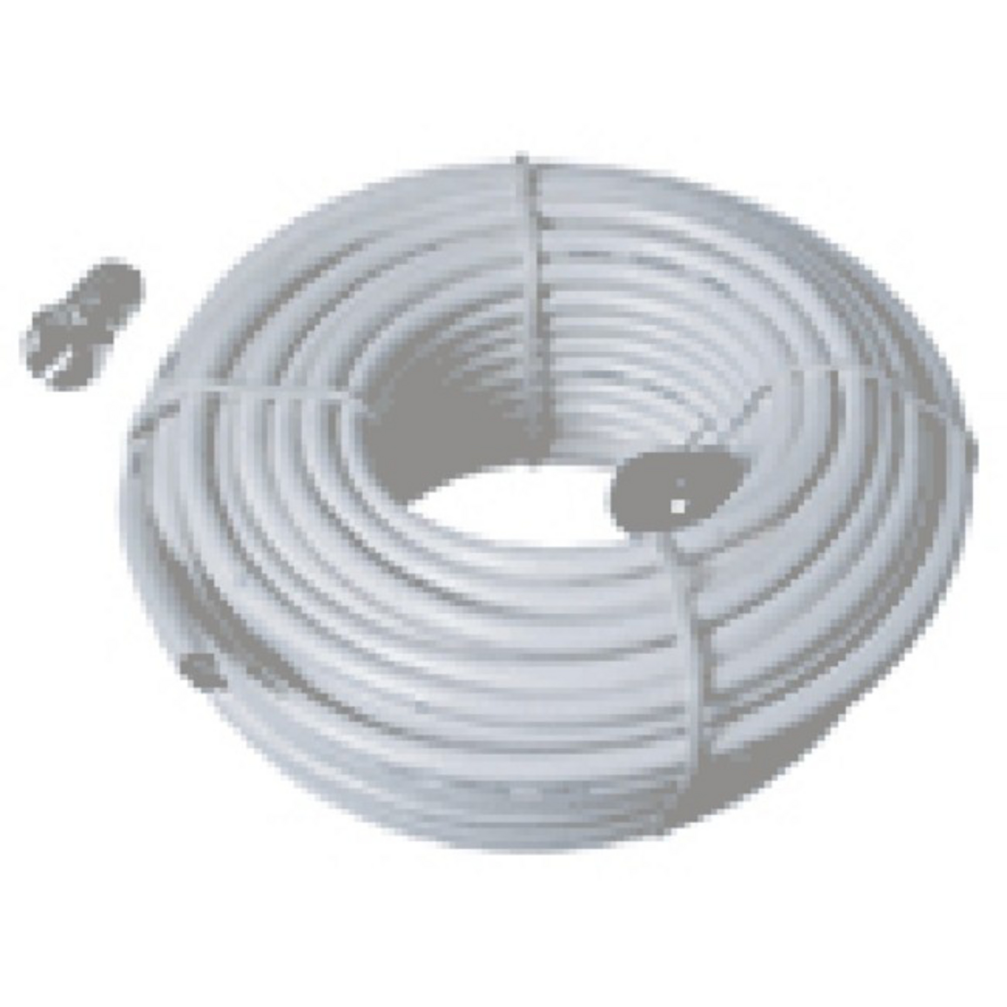 Aufgerolltes weißes Kabel mit Stecker und ein separates Steckerteil, weißer Hintergrund.