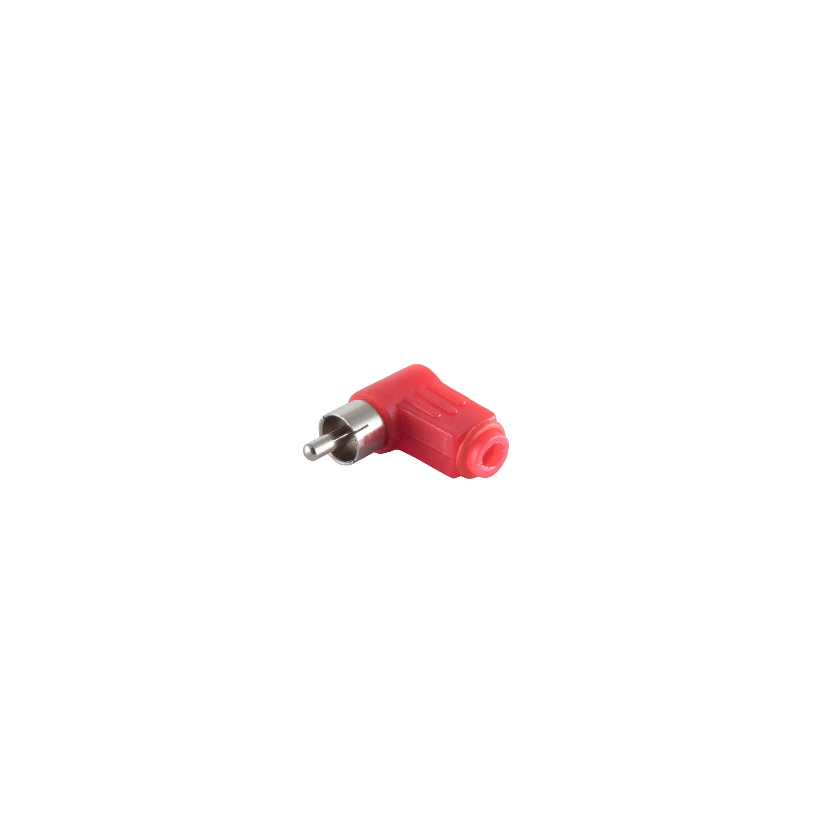 Ein roter RCA-Anschluss, abgewinkelt, vor weißem Hintergrund. Es ist ein Winkeladapter.
