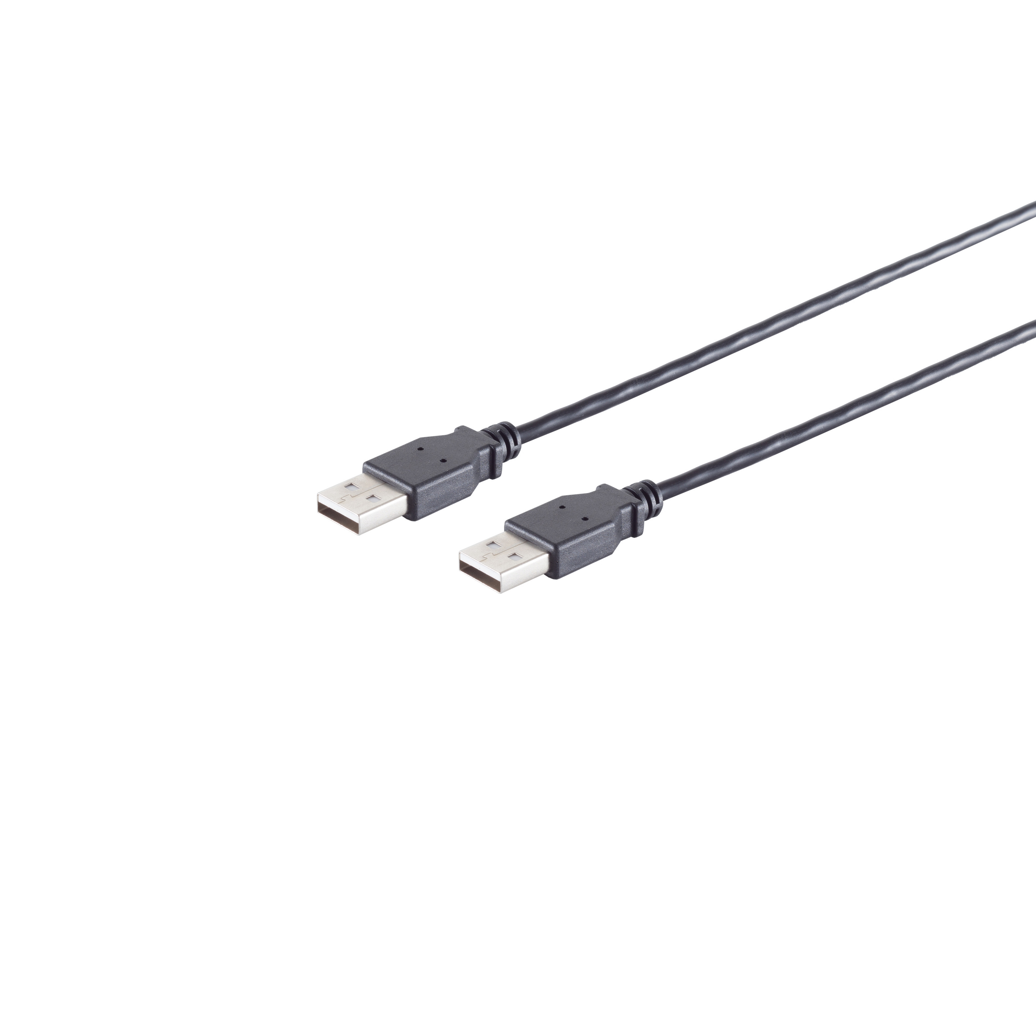 Due cavi USB neri con connettori USB. Sfondo bianco.