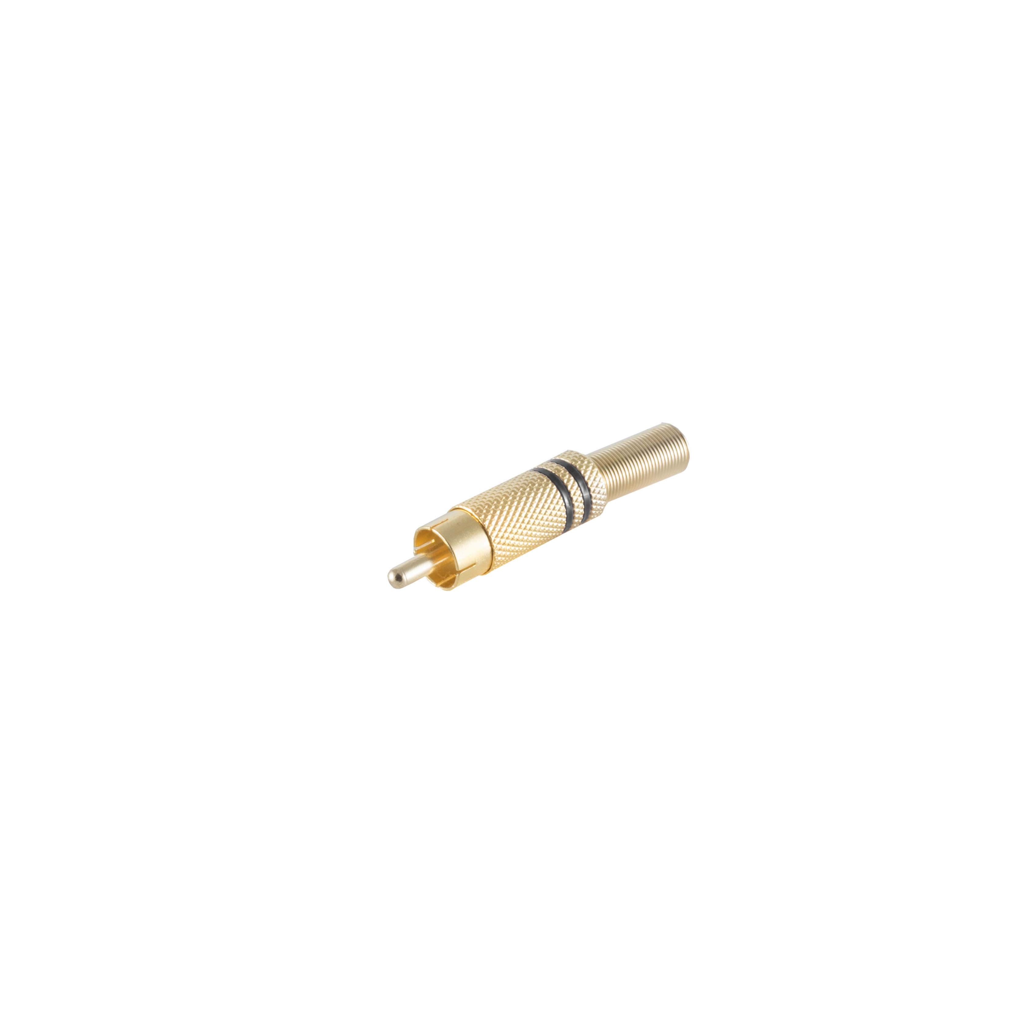 Ein goldener Cinch-Stecker auf weißem Hintergrund. Es hat einen zentralen Stift und einen Gewindekörper.
