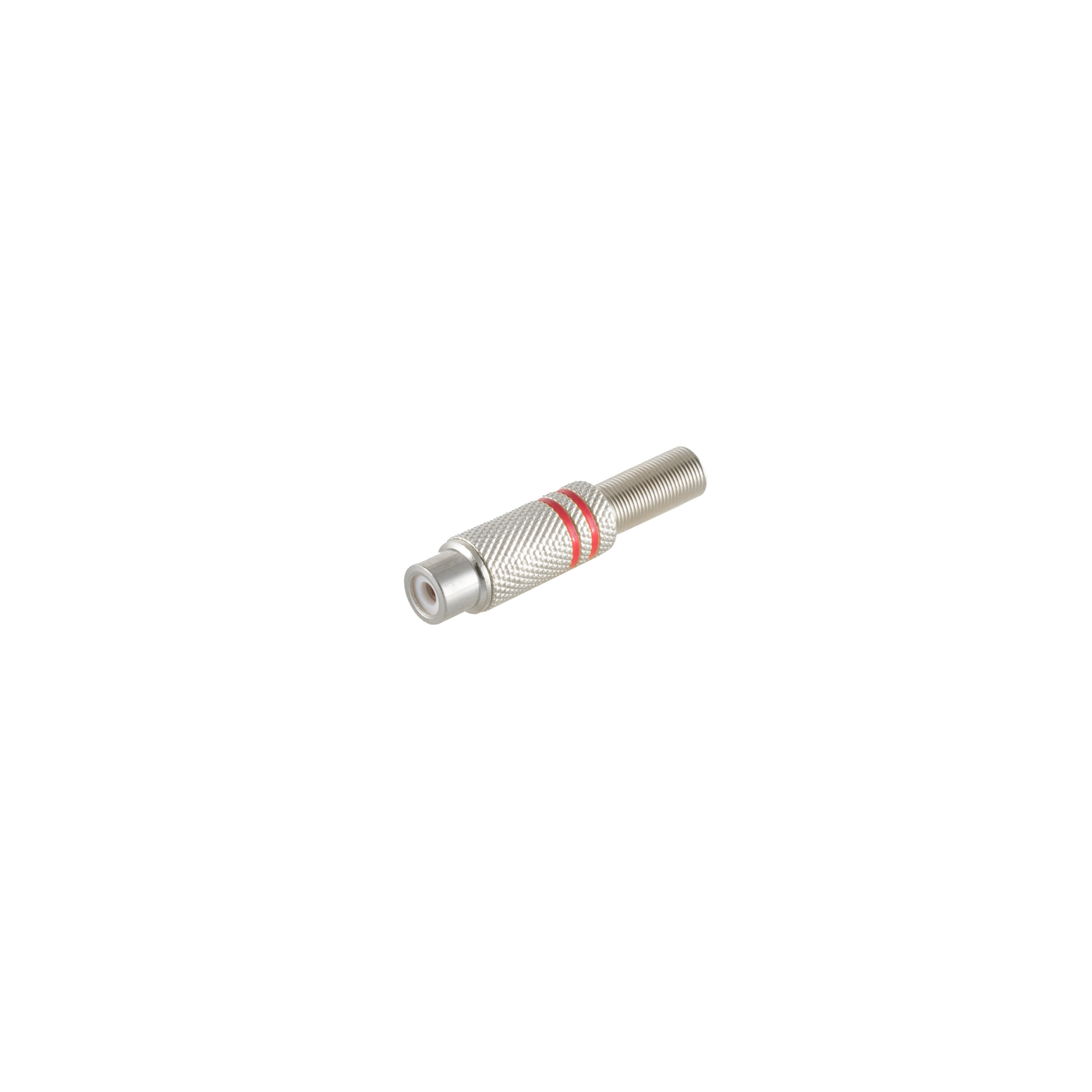 Ein silberner Stecker mit rotem Streifen. Er hat ein Gewindeende und eine Buchse.