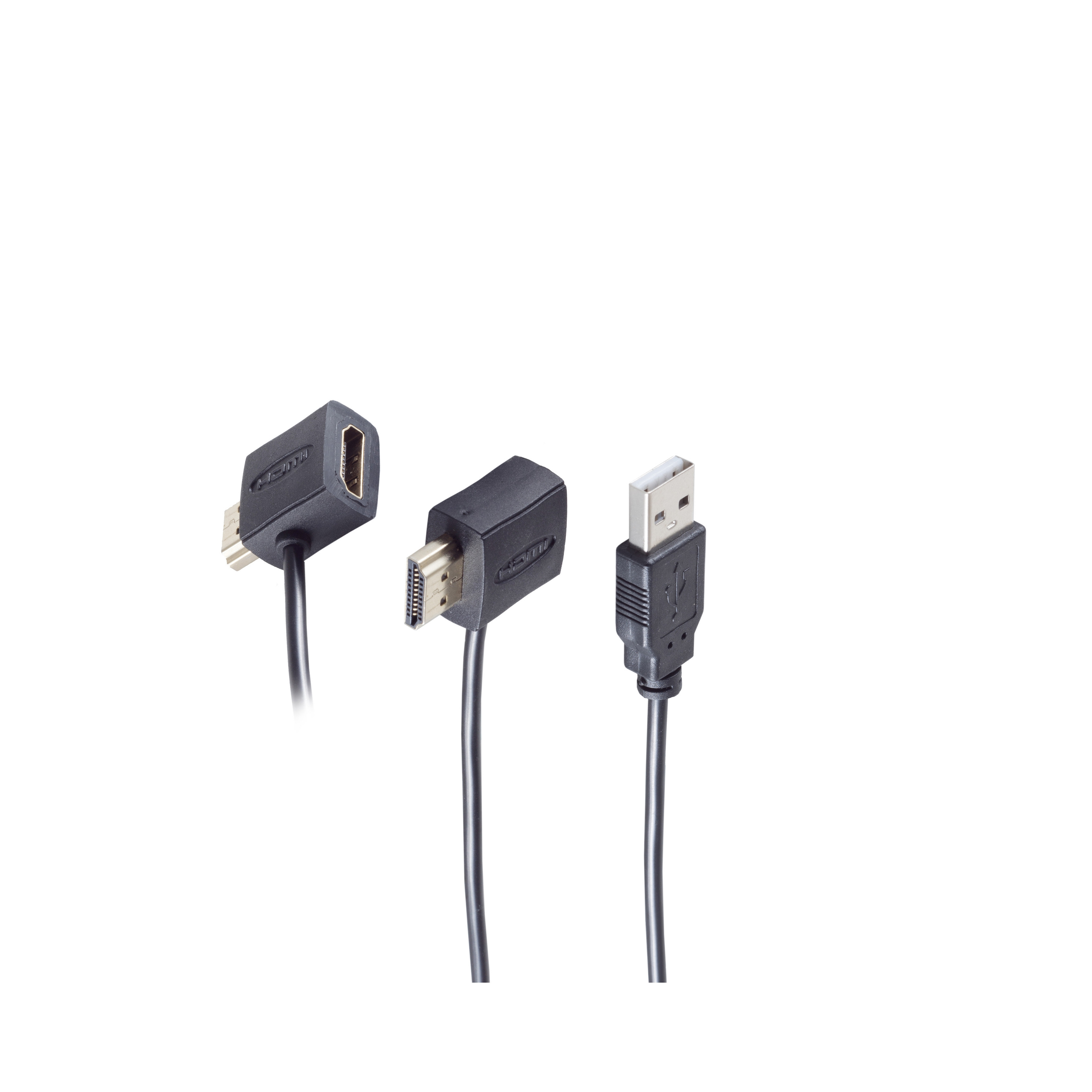 Drei schwarze HDMI- und USB-Kabel mit Anschlüssen, die in verschiedene Richtungen zeigen.