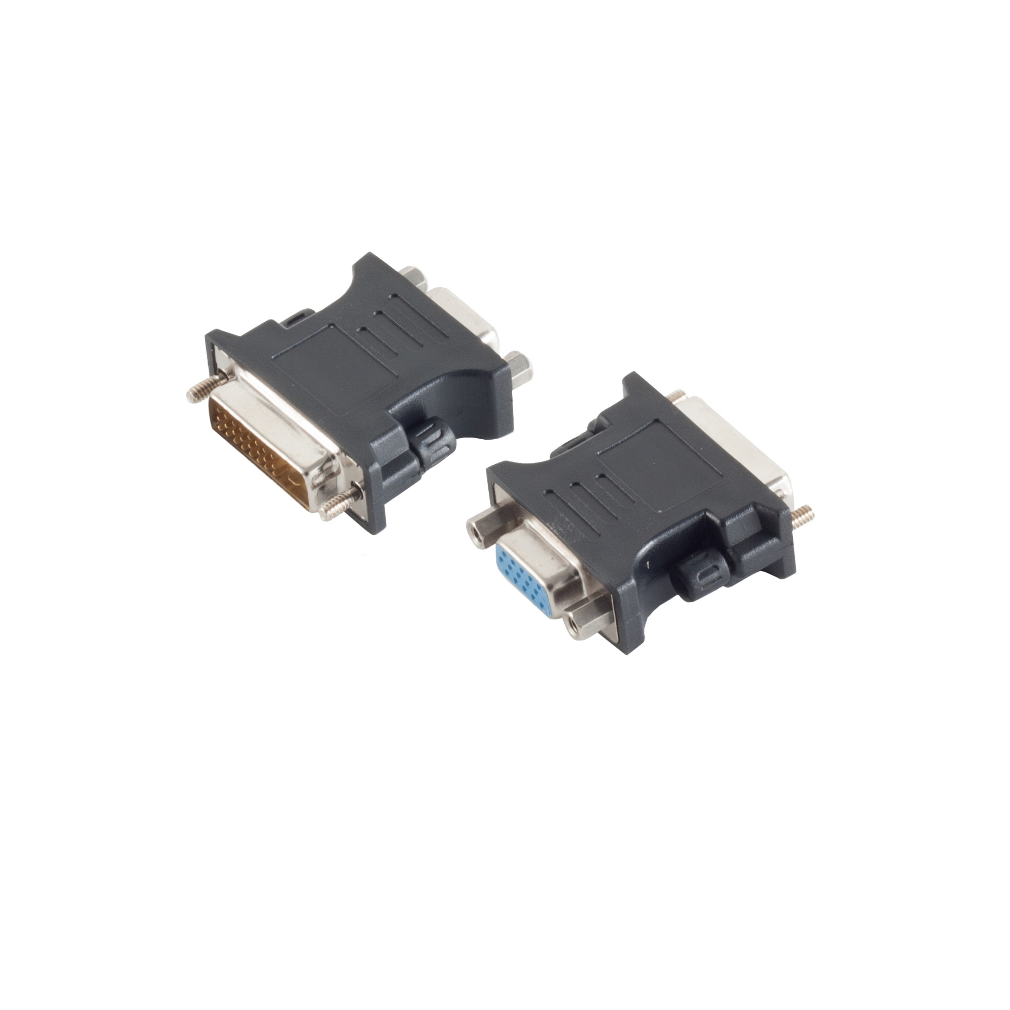 Zwei schwarze DVI-zu-VGA-Adapter, einer mit DVI-Anschluss und der andere mit VGA-Anschluss.