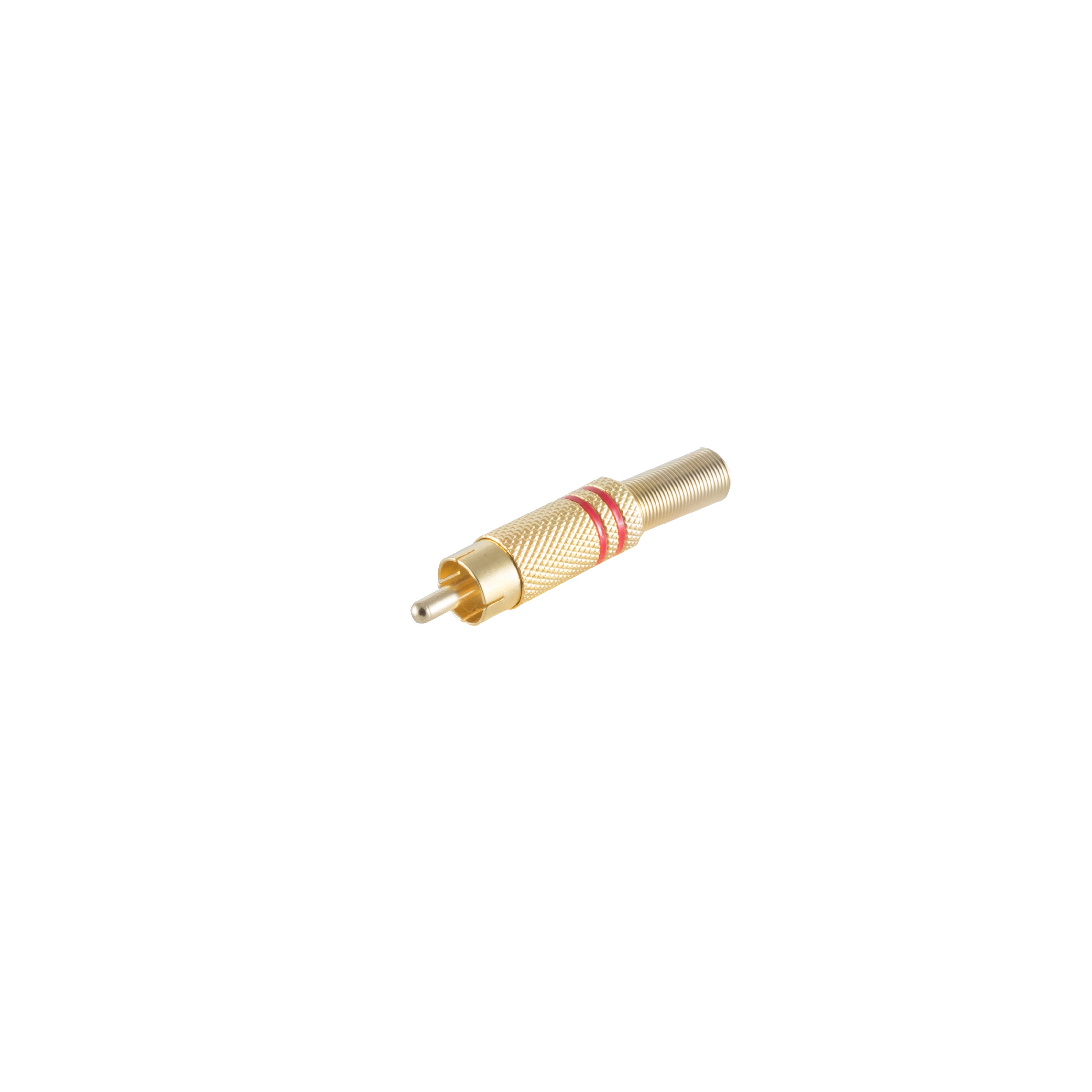 Goldener Cinch-Stecker mit roten Details, isoliert vor weißem Hintergrund.