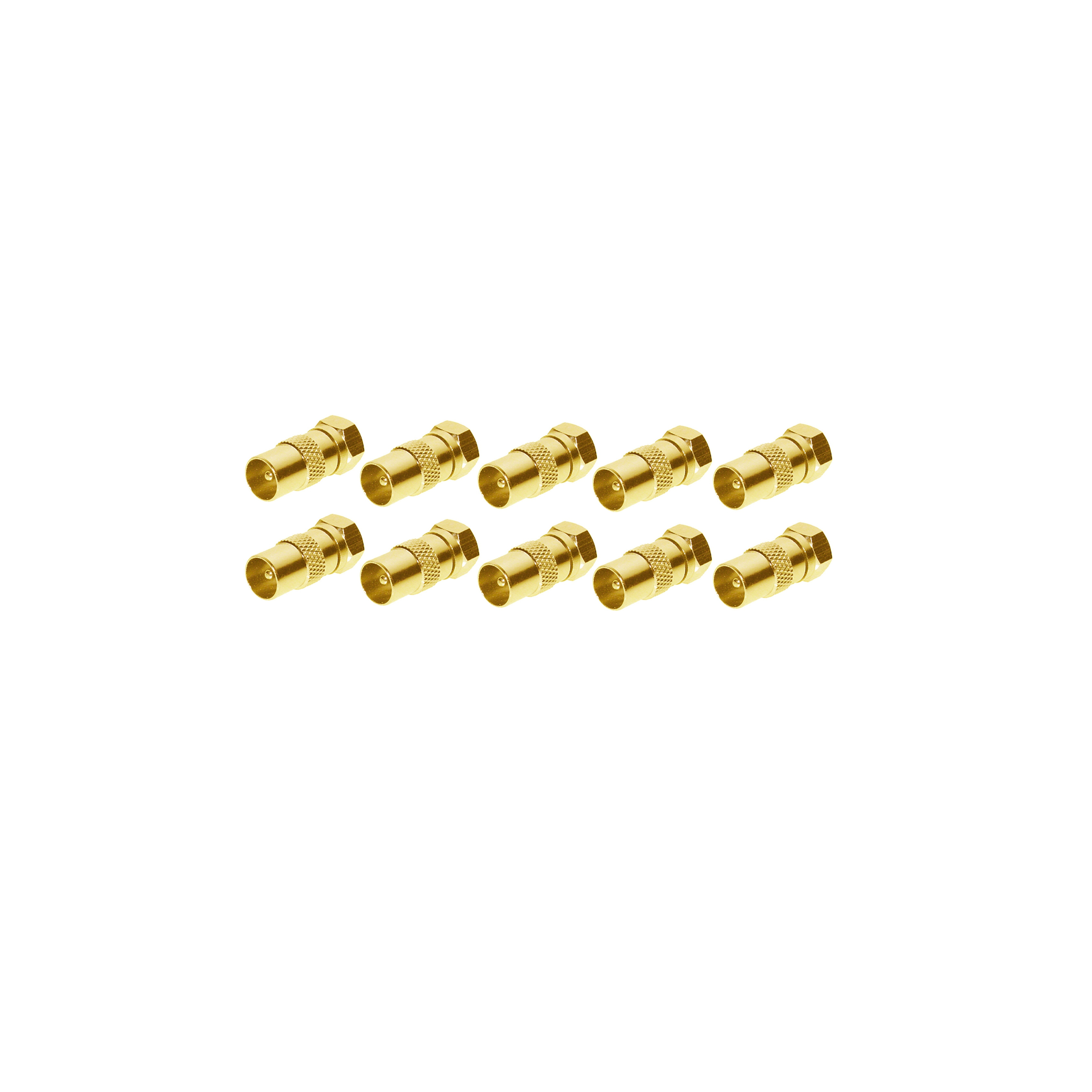 Zehn goldfarbene F-Stecker auf weißem Hintergrund. Jeder Stecker hat eine zylindrische Form.