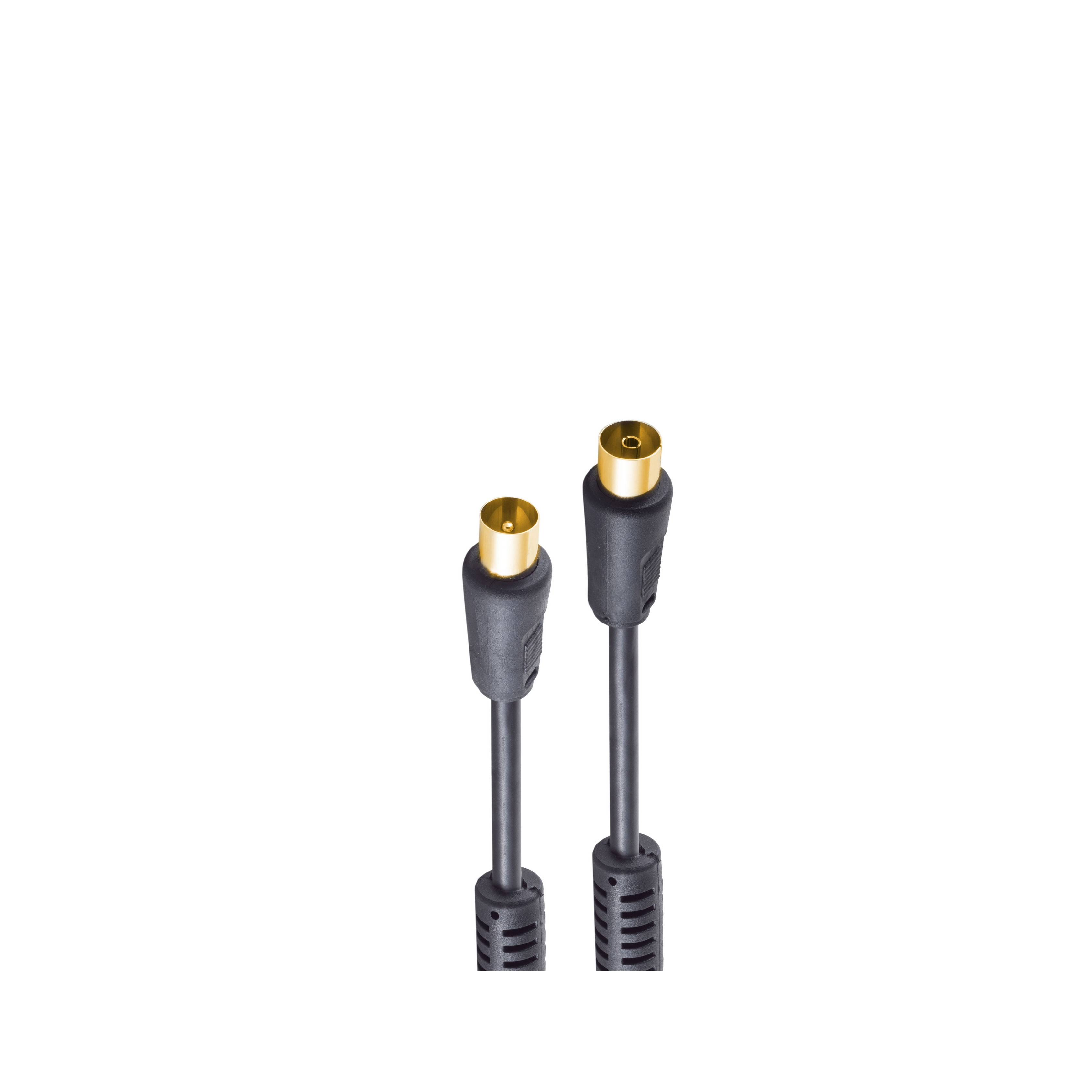 Zwei schwarze Koaxialkabel mit goldfarbenen Steckern. Kabel vor weißem Hintergrund. Details sind im Fokus.