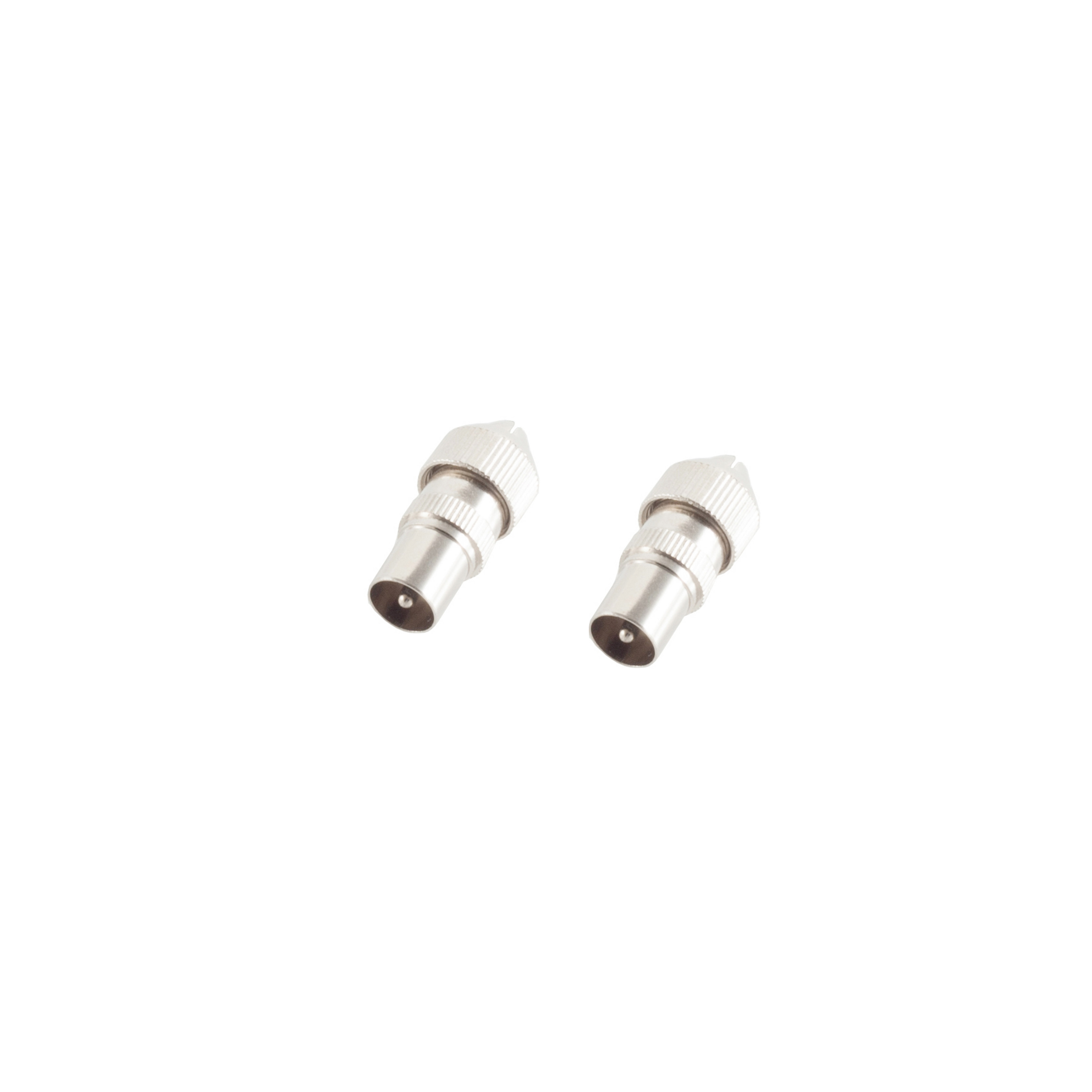 Zwei silberne Koaxialstecker auf weißem Hintergrund. Sie sind klein und zylindrisch.