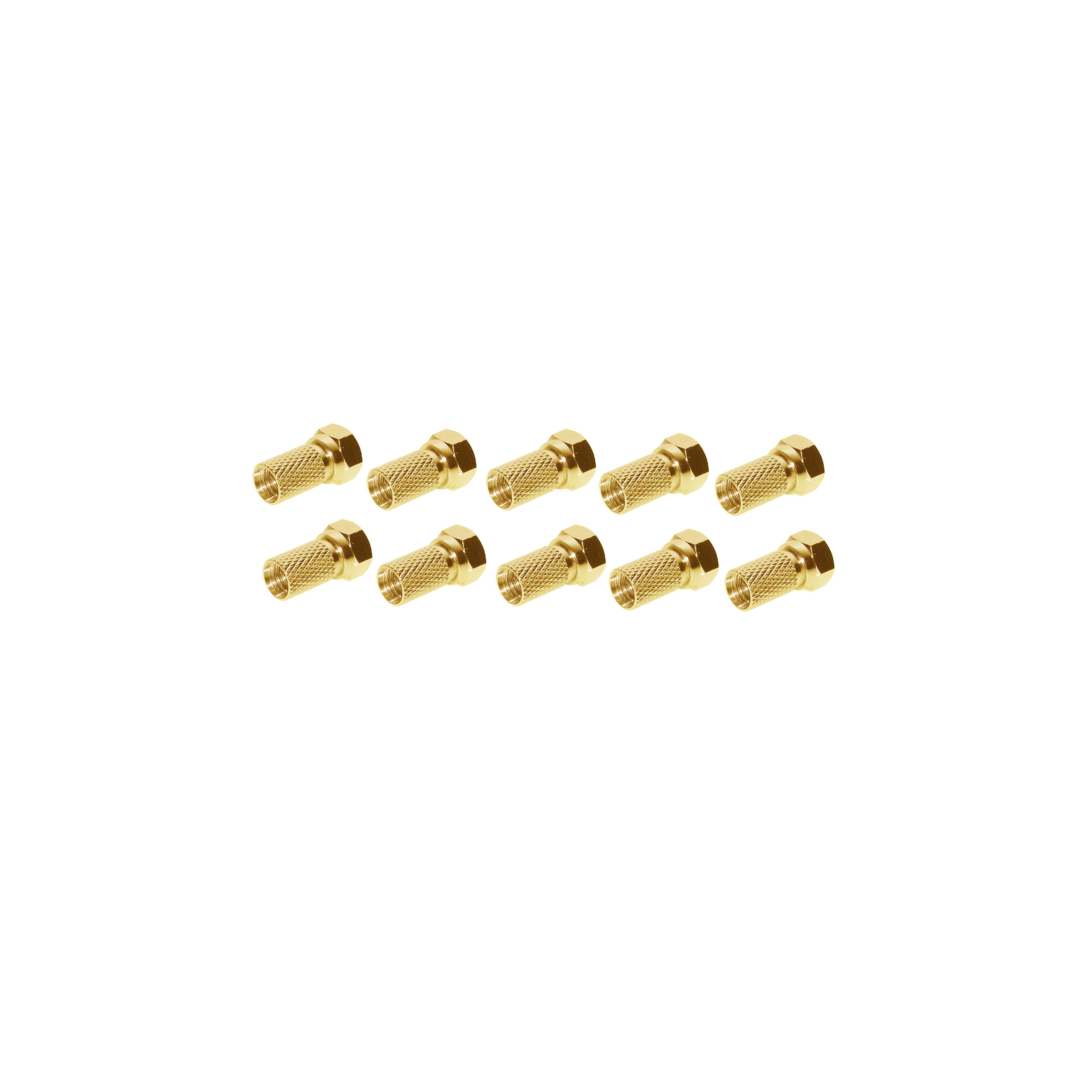 Gruppe goldfarbener Koaxialstecker auf weißer Oberfläche, in einer Reihe angeordnet.