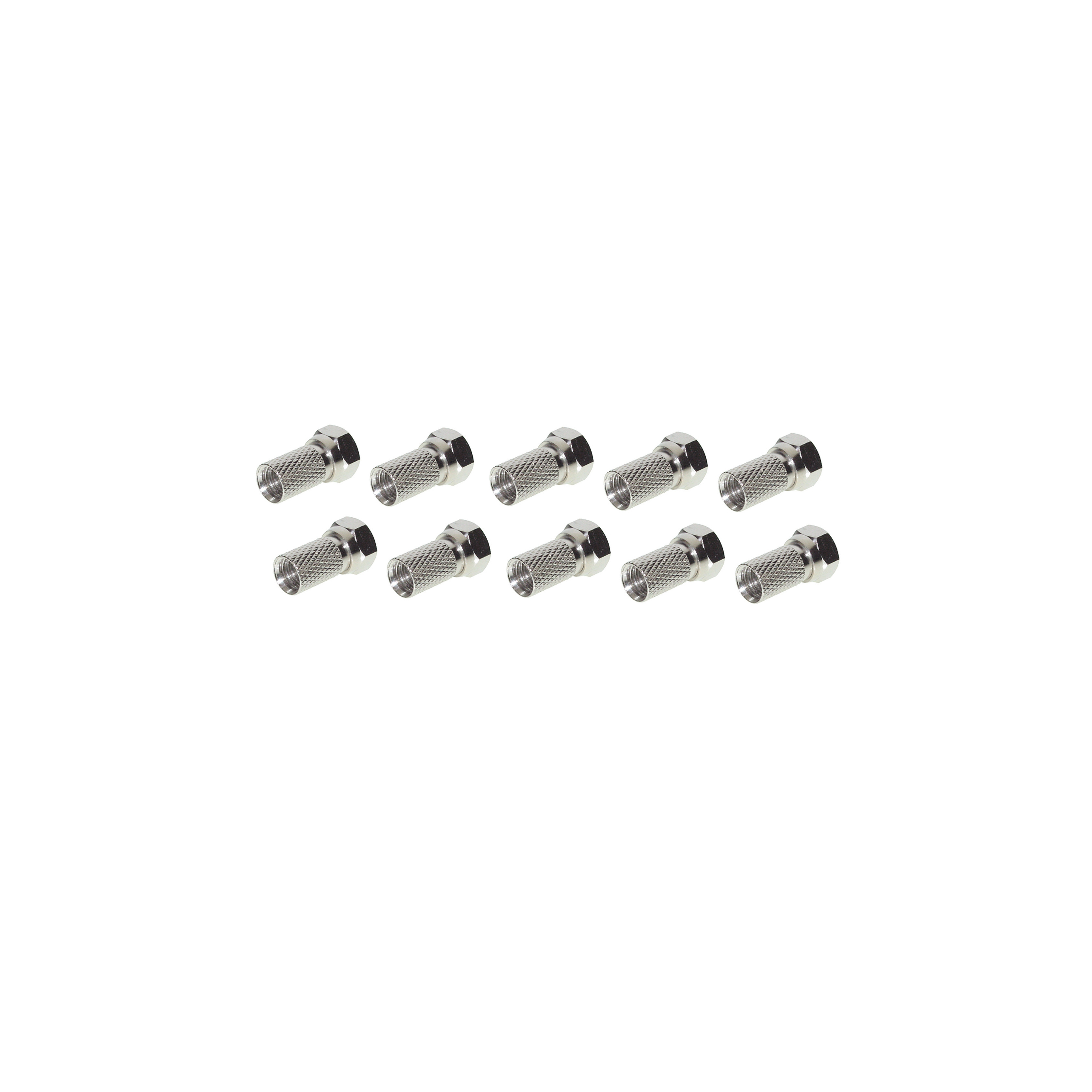 Zehn silberne Koaxialstecker, zylindrisch mit Gewindeenden, isoliert auf weißer Oberfläche.