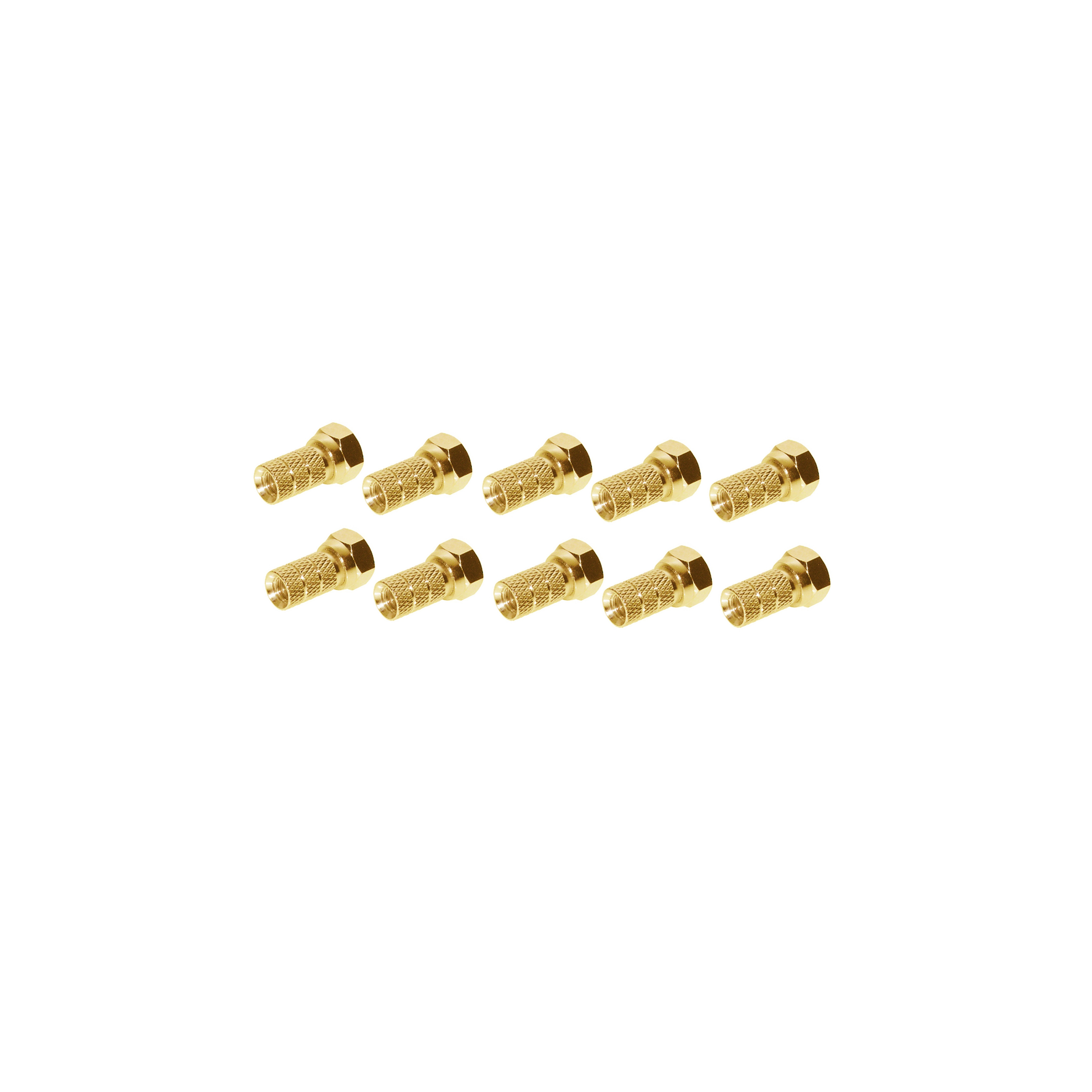 Eine Gruppe von zehn goldfarbenen F-Anschlüssen auf weißem Hintergrund, die ihre Details zeigen.