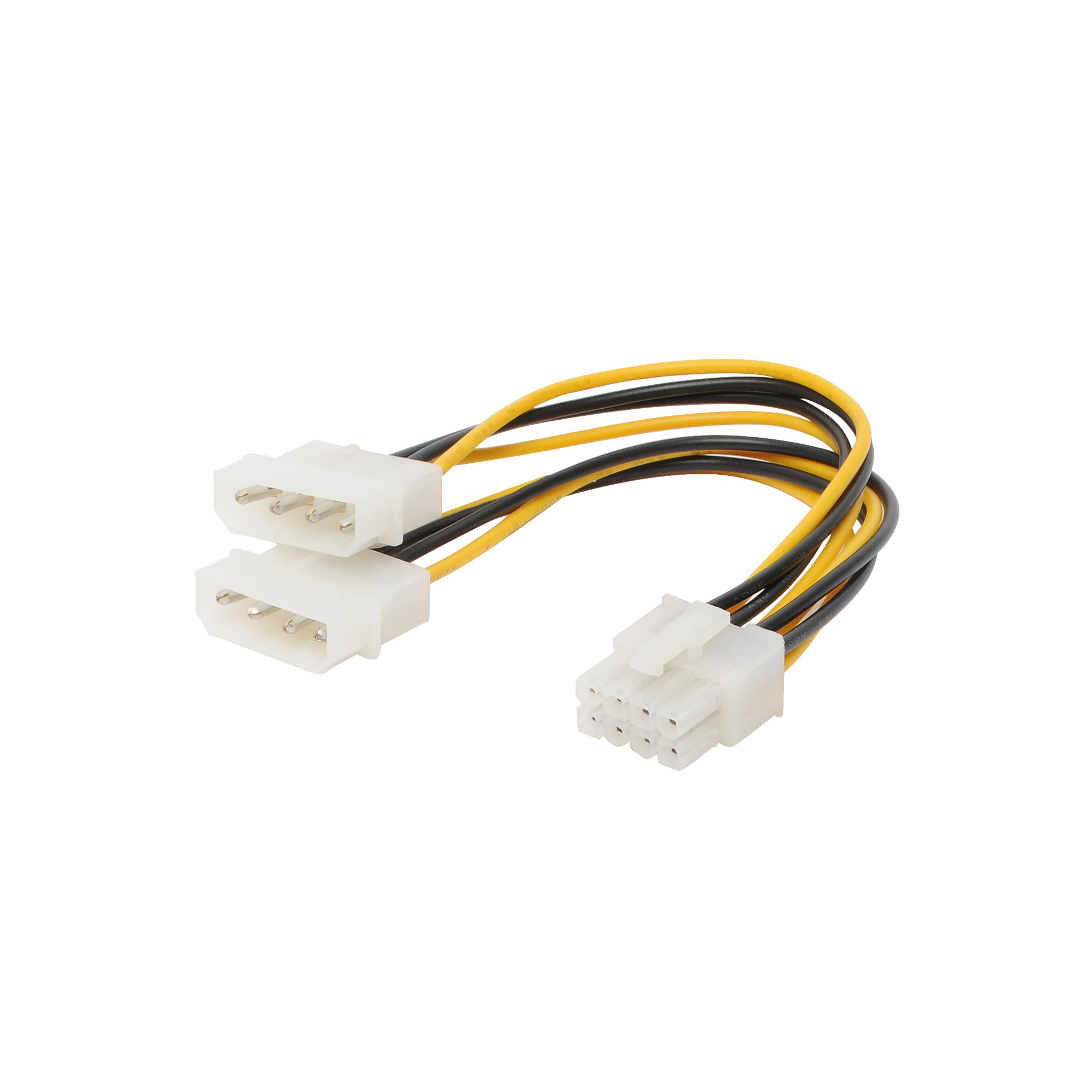 Un cavo splitter con connettori bianchi e gialli è mostrato su sfondo bianco.