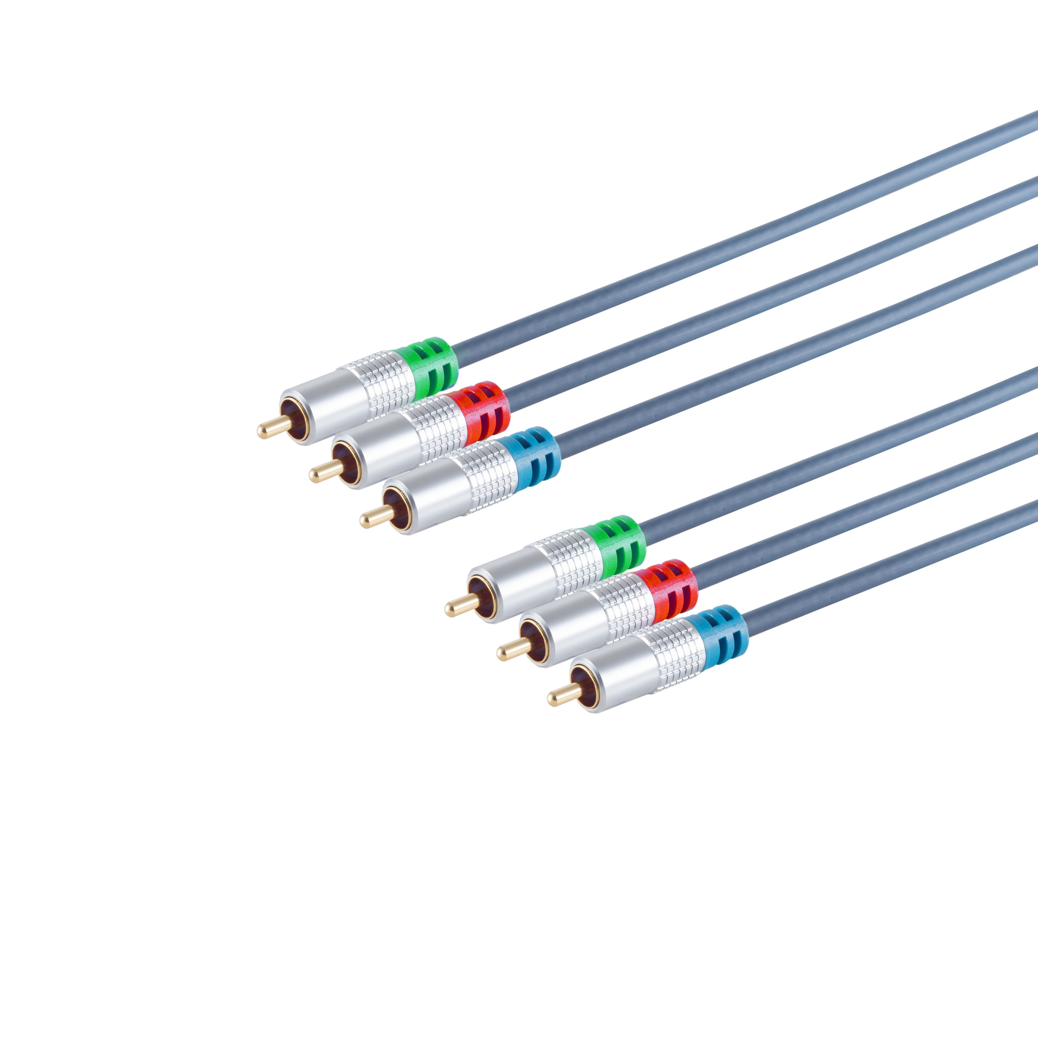 Satz Cinch-Kabel mit farbigen Steckern auf weißem Hintergrund.