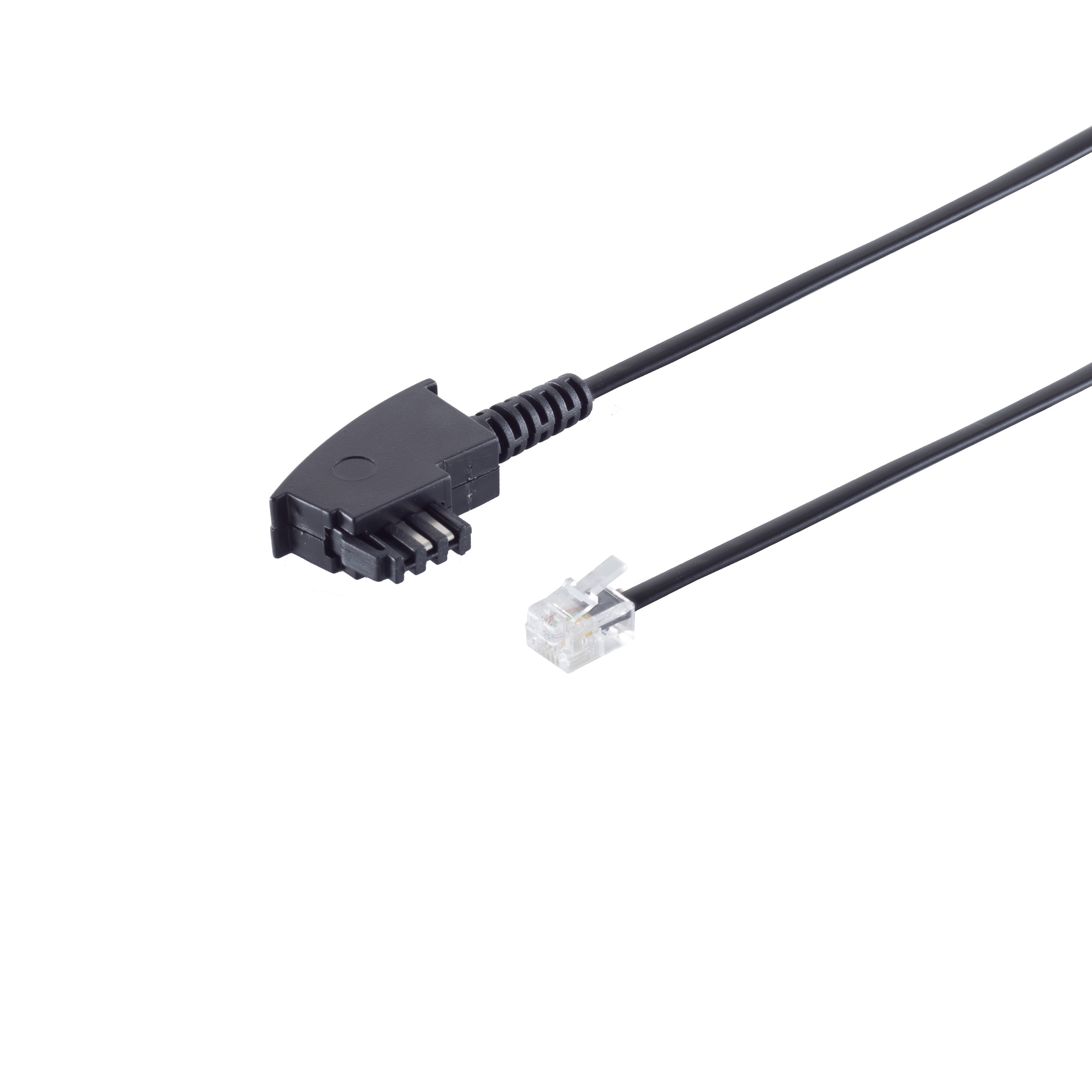 Schwarzes Telefonkabel mit einem Winkelstecker und einem durchsichtigen RJ11-Stecker.