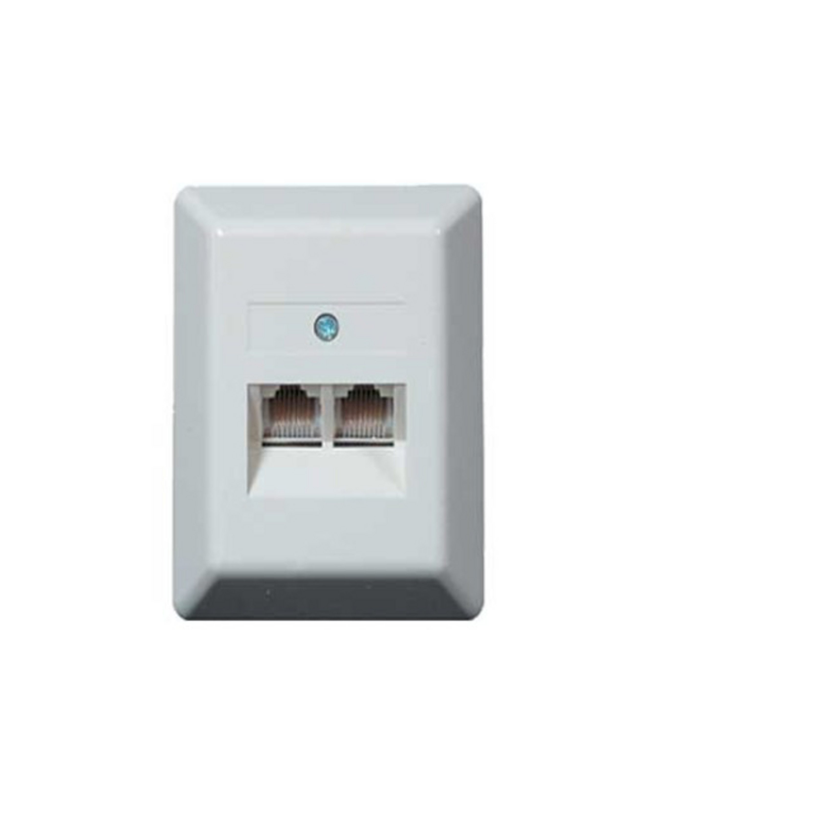 Eine weiße Steckdose mit zwei RJ45-Anschlüssen und einem blauen Licht.