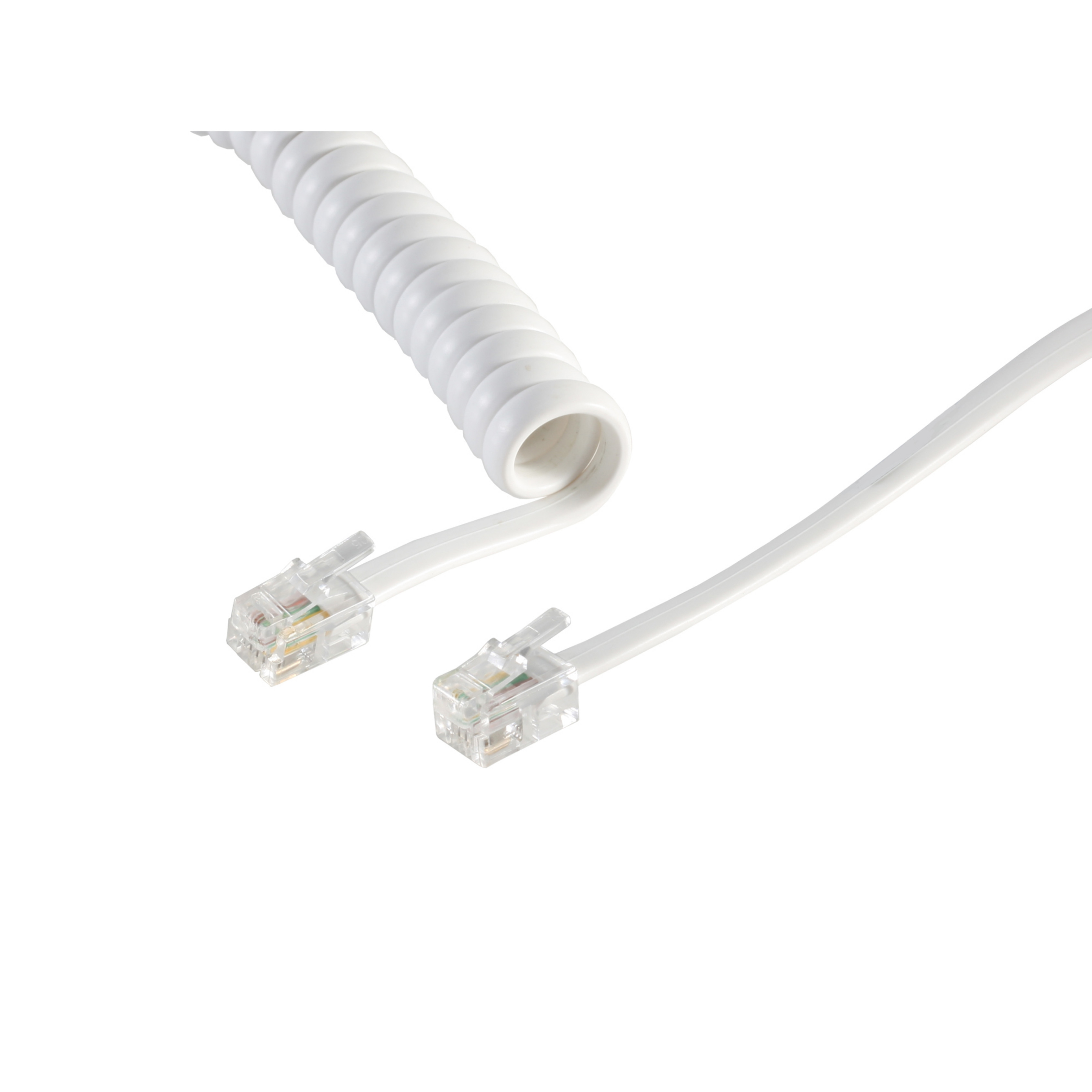 Weißes Telefonkabel mit transparenten Steckern. Zwei Stecker, Spiralschnur. Weißer Hintergrund.