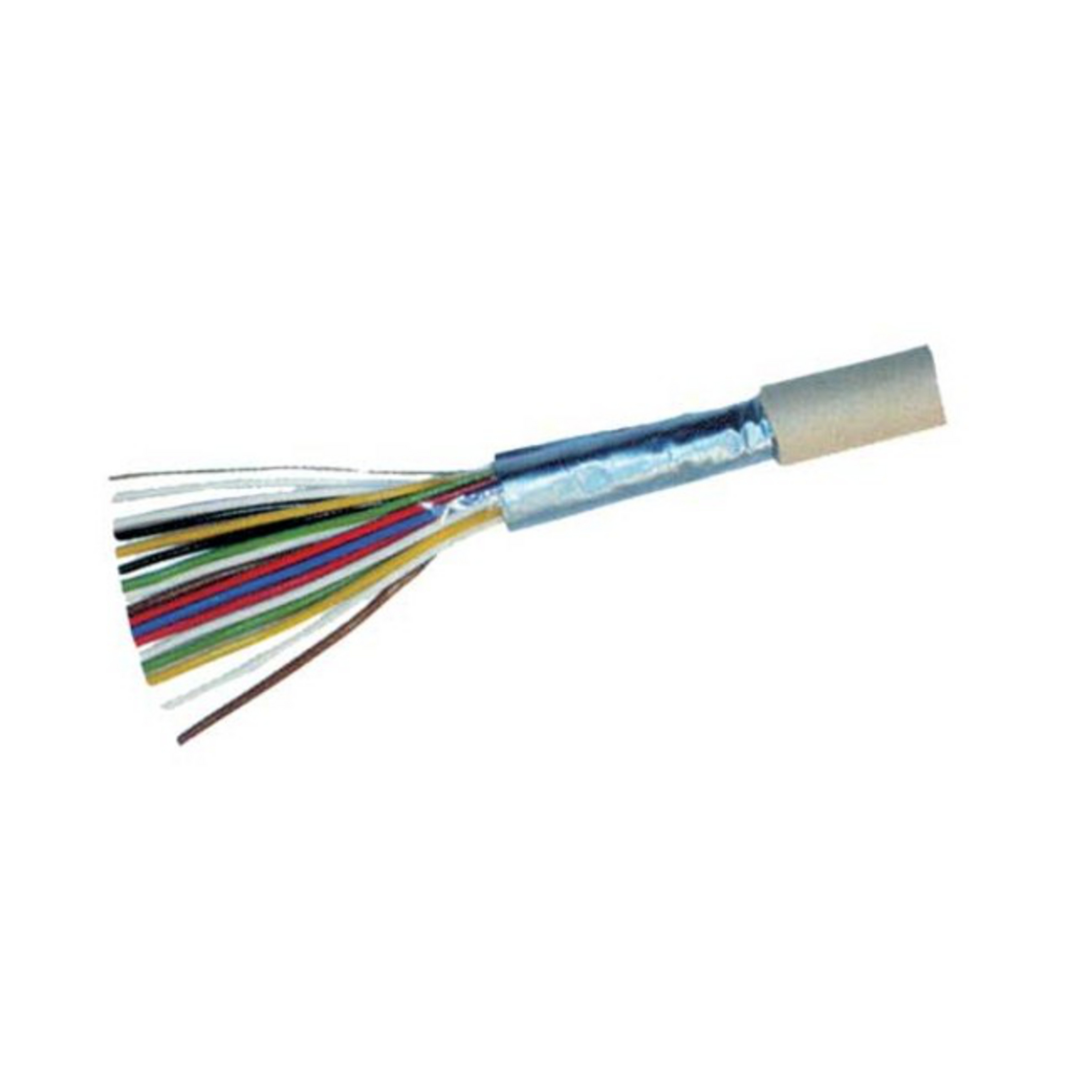 Mehrfarbiges Elektrokabelbündel mit weißem Rohr auf weißem Hintergrund.