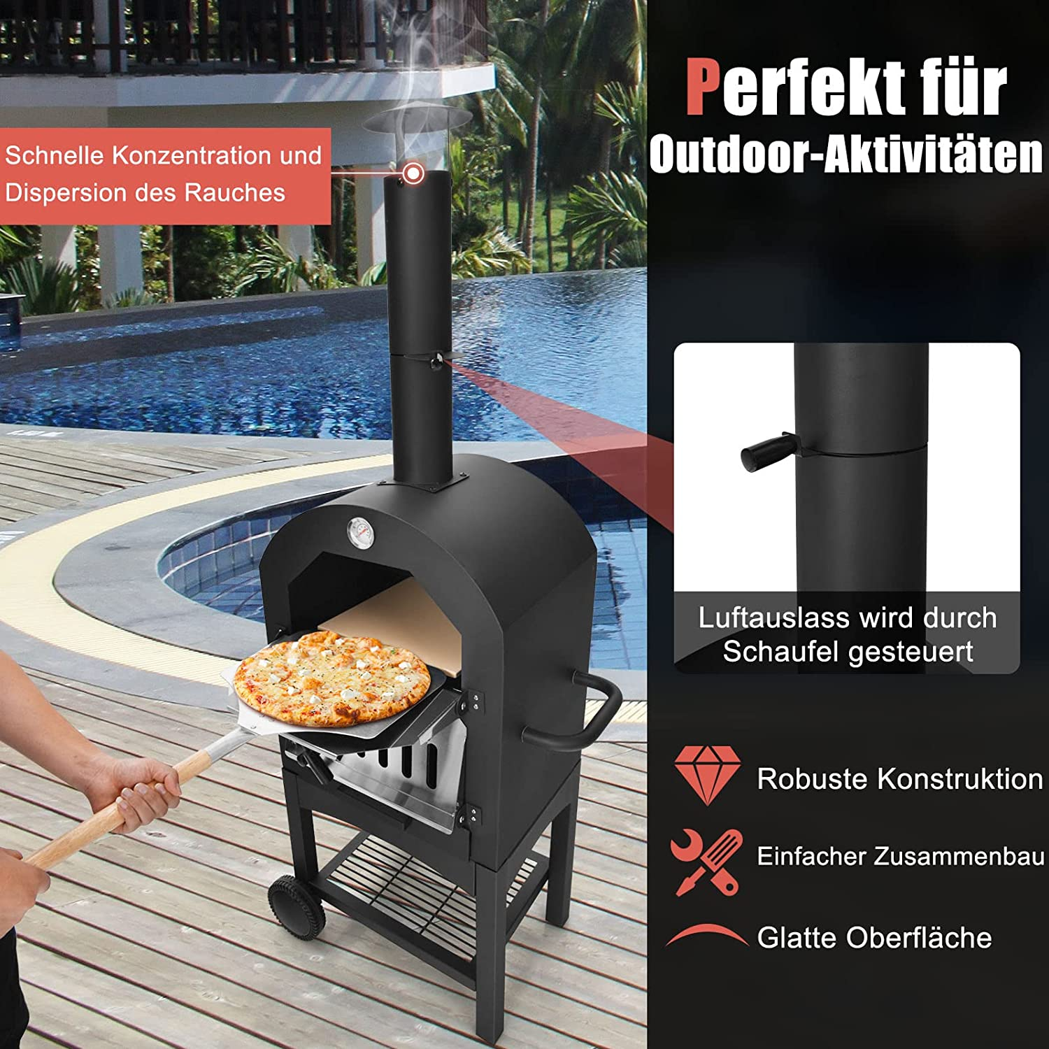 Pizza wird in einem schwarzen Outdoor-Pizzaofen neben einem Pool gebacken. Text: perfekt für Outdoor-Aktivitäten.