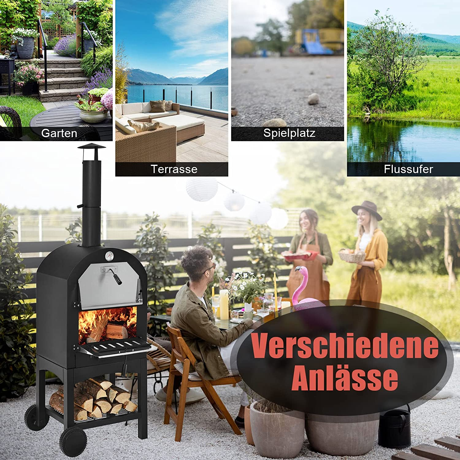 Outdoor-Pizzaofen, verschiedene Umgebungen, mit Menschen, die sich sozialisieren.