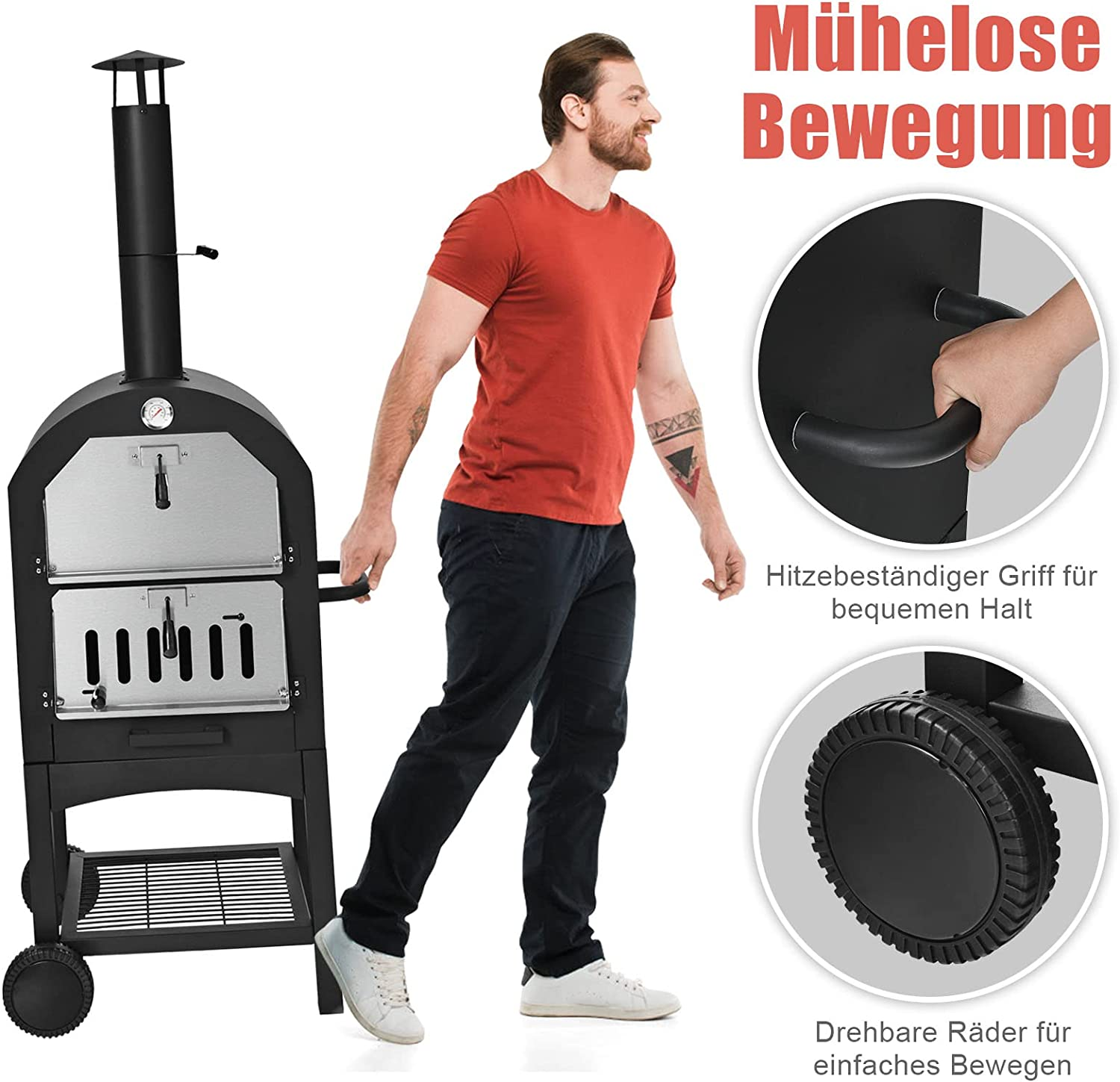 Ein Mann zieht einen schwarzen Grill mit Rädern, mit Detailansicht von Rad und Griff.