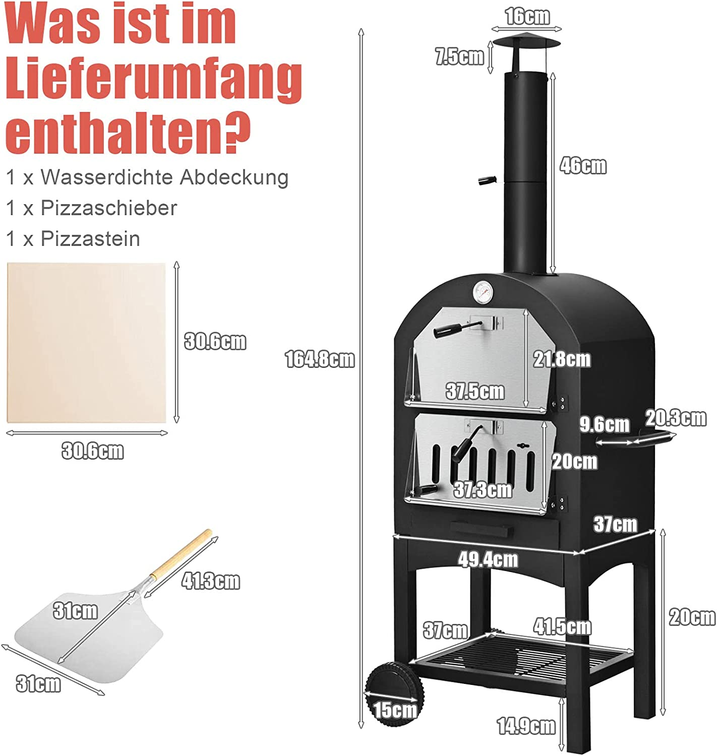 Diagramm, das einen Pizzaofen mit Maßen, Pizzaschieber und Pizzastein zeigt.