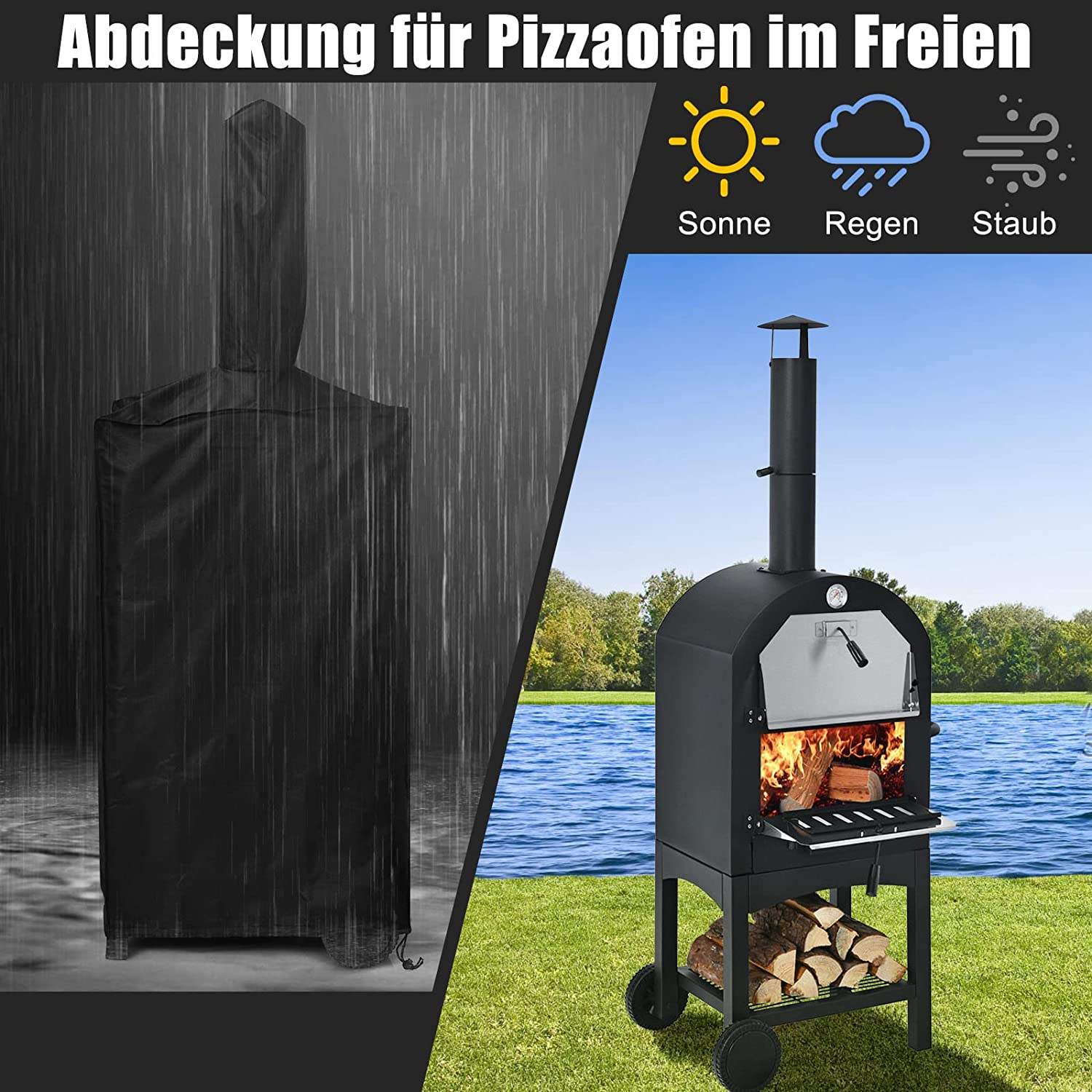 Pizzaofen im Freien, abgedeckt mit einer schwarzen Abdeckung, neben Bildern von Sonne, Regen und Staub.