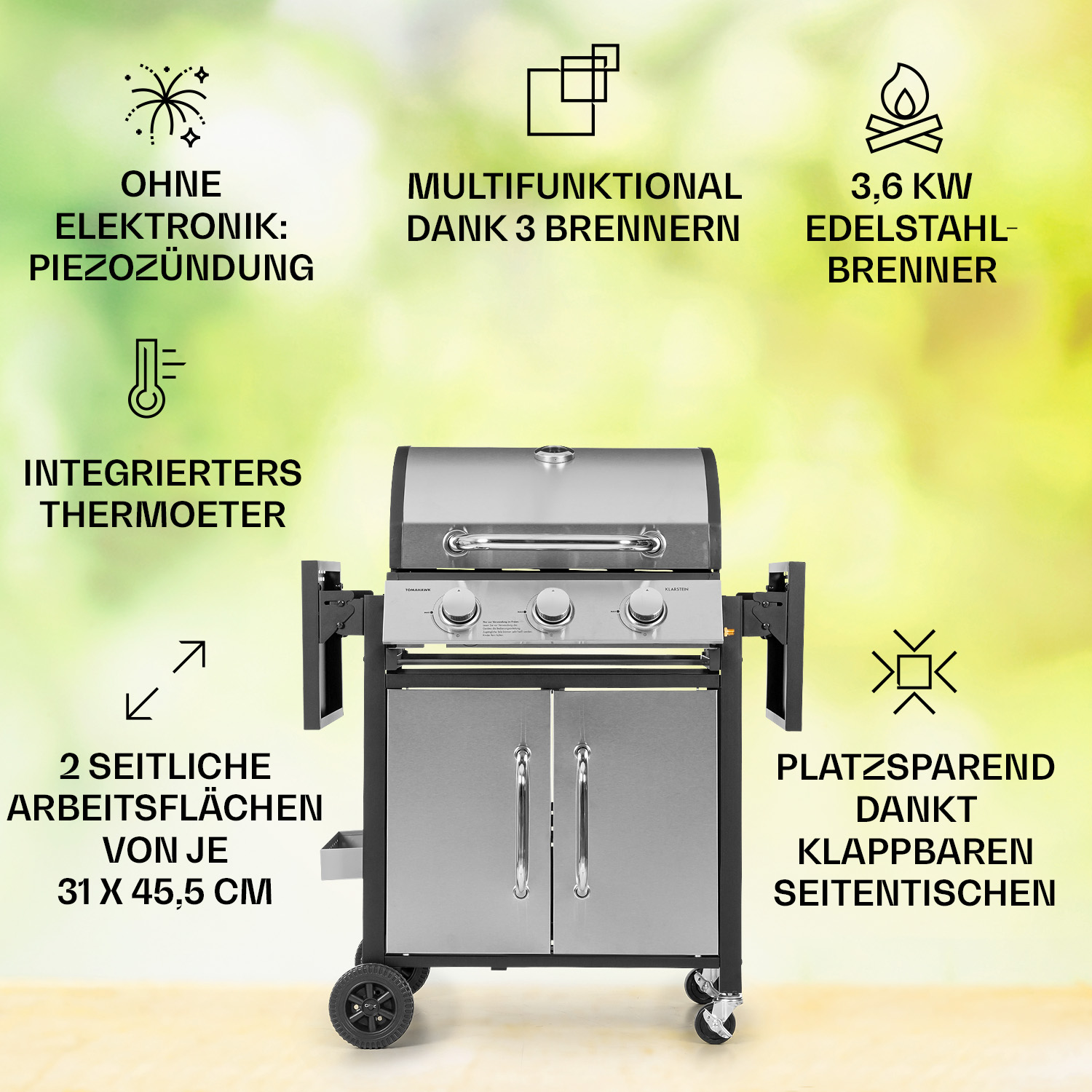 Gasgrill mit Funktionen: elektronische Zündung, 3 Brenner, Edelstahl, Seitentische.