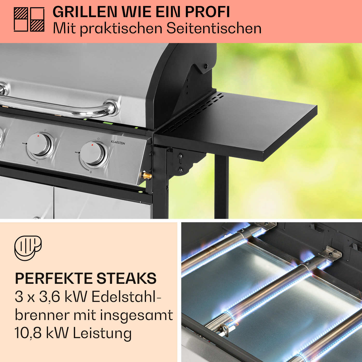 Edelstahlgrill mit Seitentisch und Text über perfekte Steaks und Edelstahlbrenner.