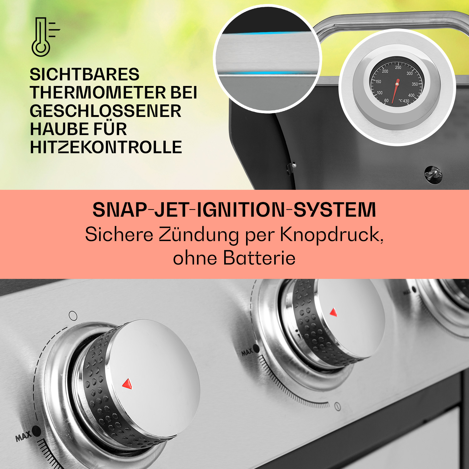 Nahaufnahme des Grills mit Knöpfen, Thermometer und Text zum System.