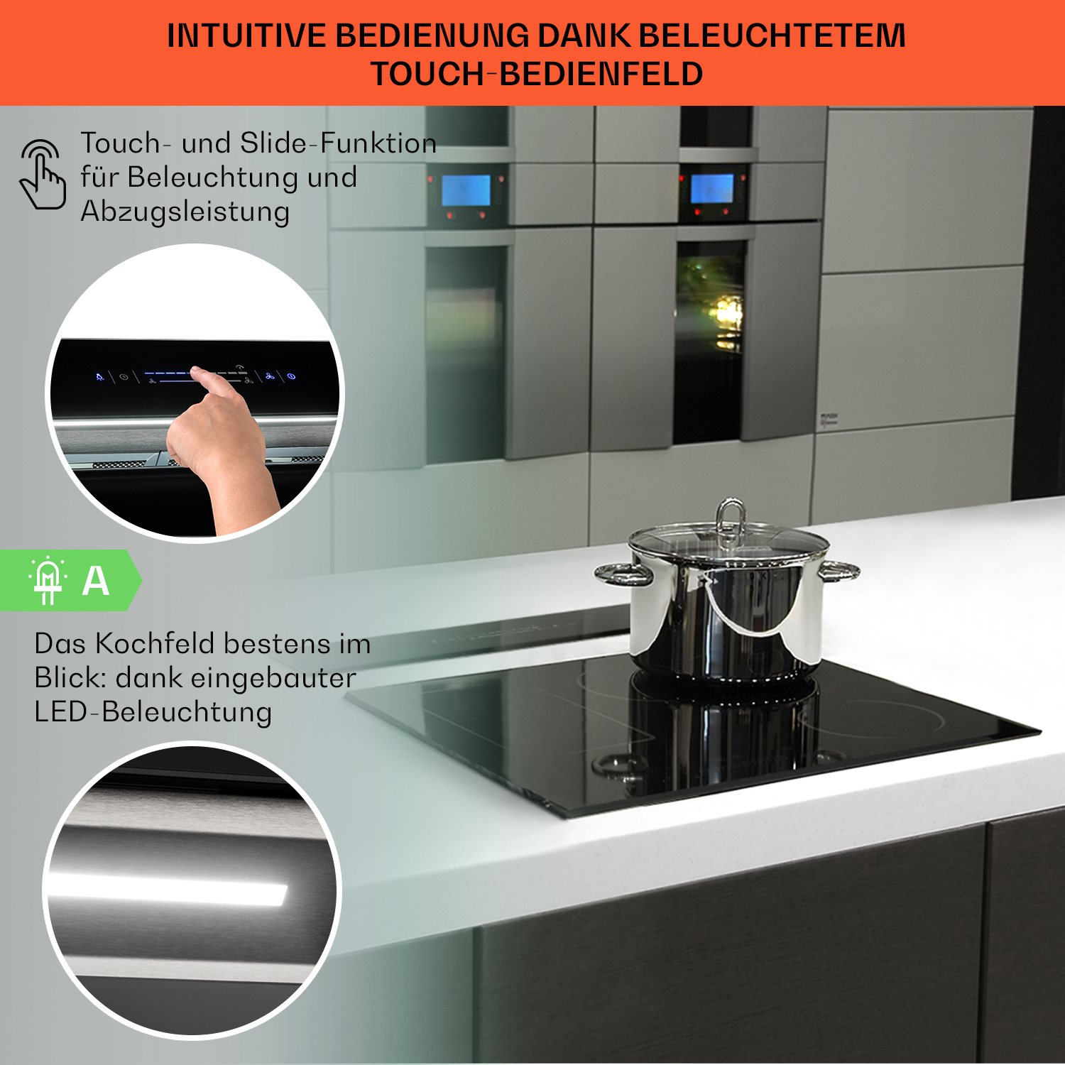 Configurazione cucina con piano cottura, pentola e comandi touch con testo.