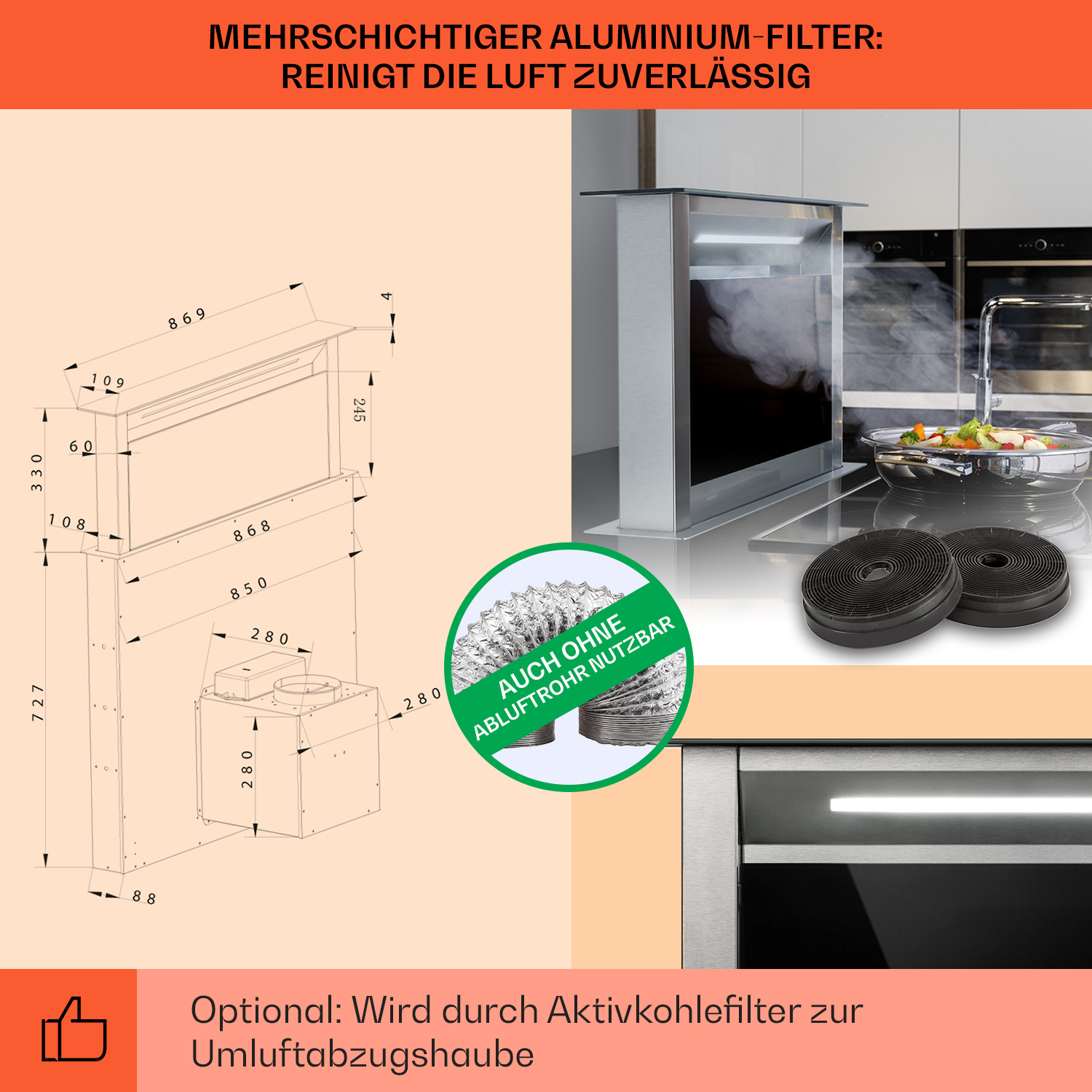 Disegno tecnico di una cappa da cucina con dimensioni ed etichette.
