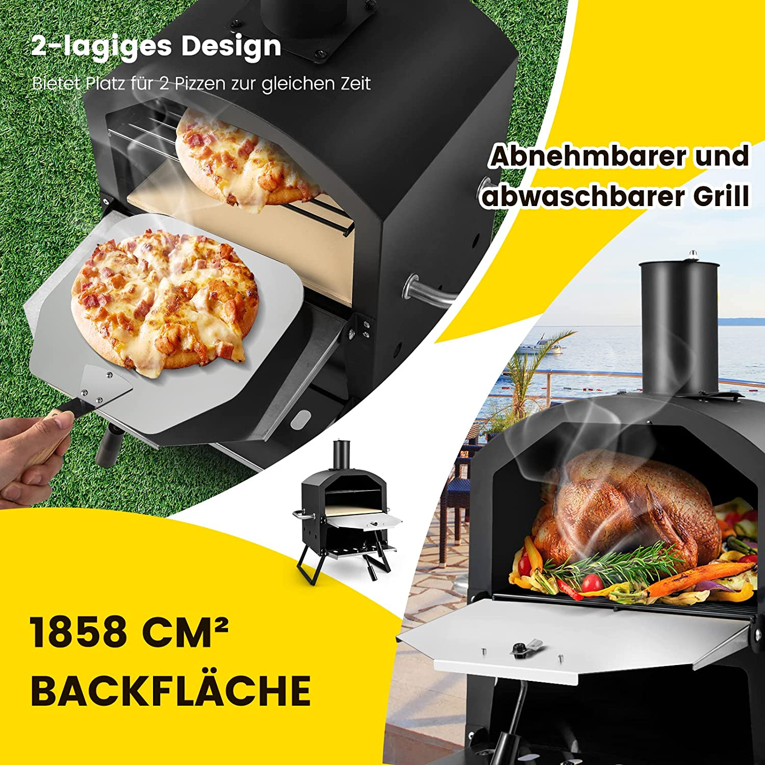 Ein zweistufiger Pizzaofen mit Pizza in jeder Ebene. Text: '1858 CM² BACKFLÄCHE'.