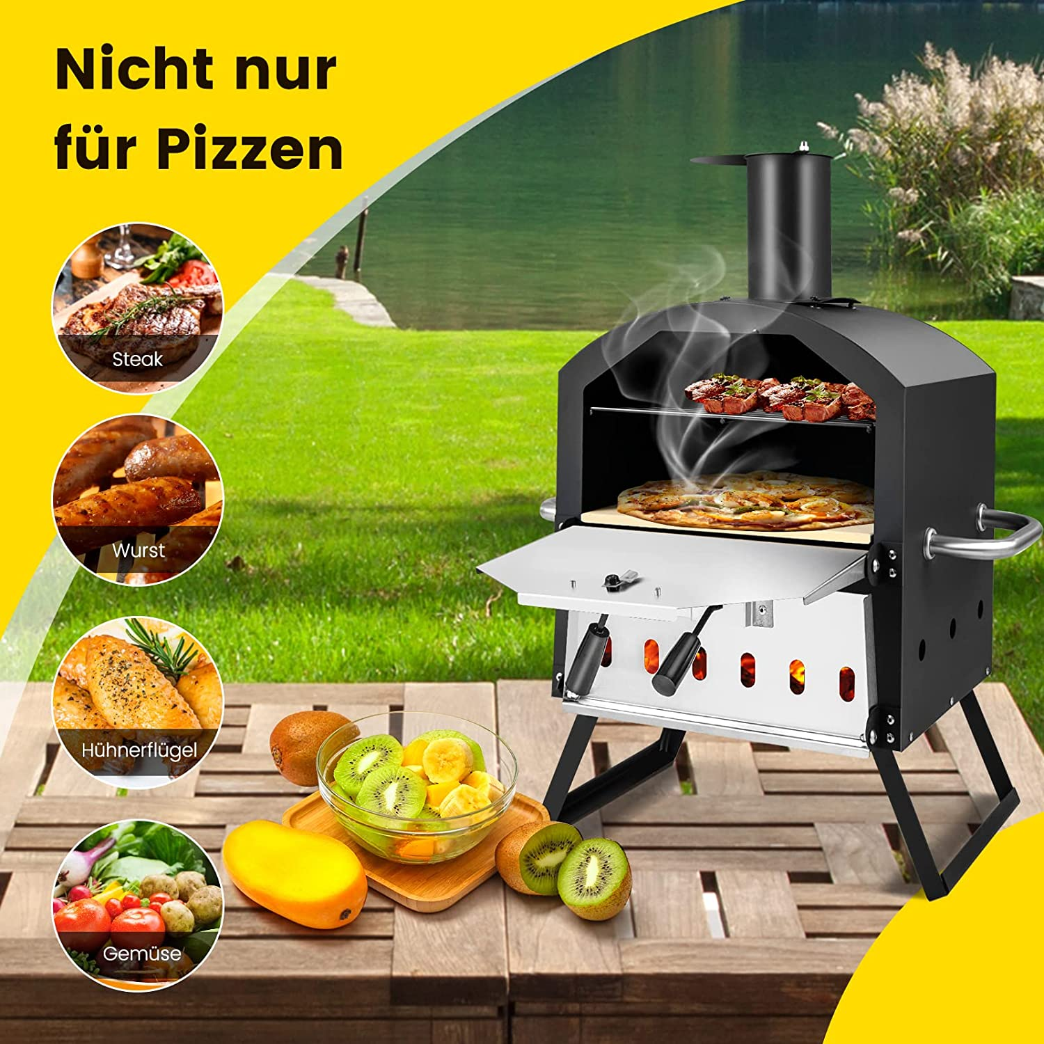 Outdoor-Pizzaofen mit Essensillustrationen, u.a. Pizza, Steak und Gemüse.