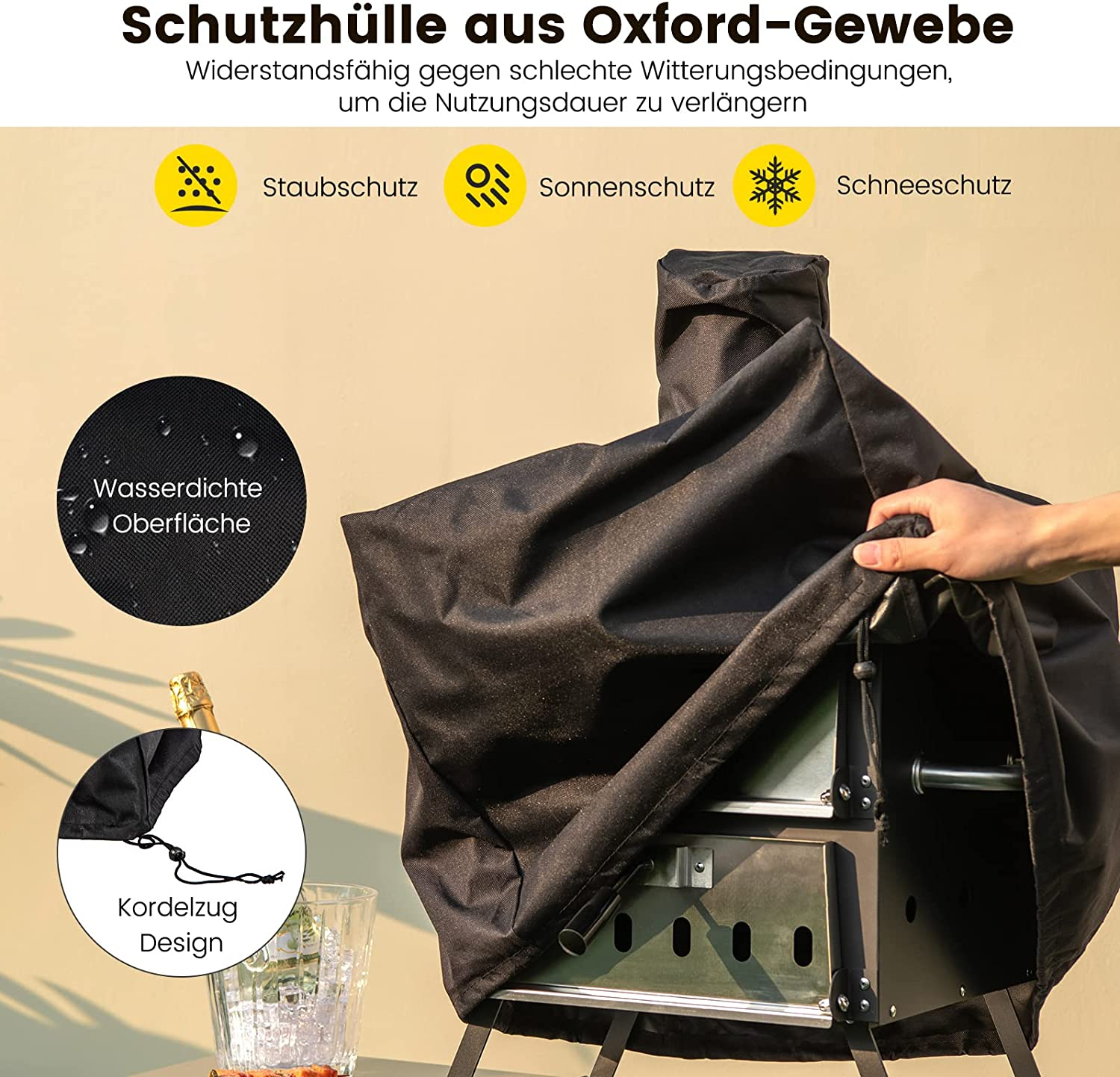 Schwarze Abdeckung über einem Grill. Text erwähnt wasserdichten, Sonnen- und Schneeschutz.