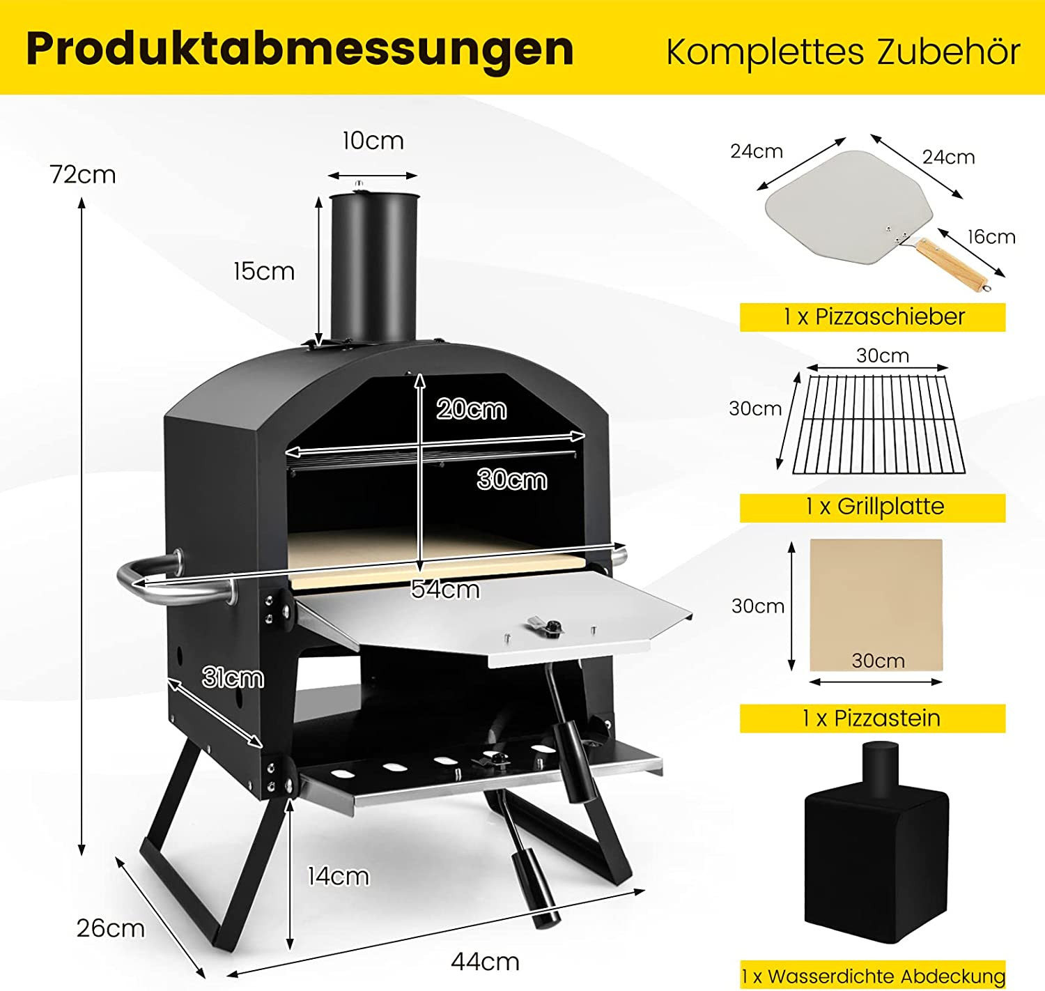 Schwarzer Pizzaofen für den Außenbereich mit Abmessungen und Zubehör, auf weißem Hintergrund.
