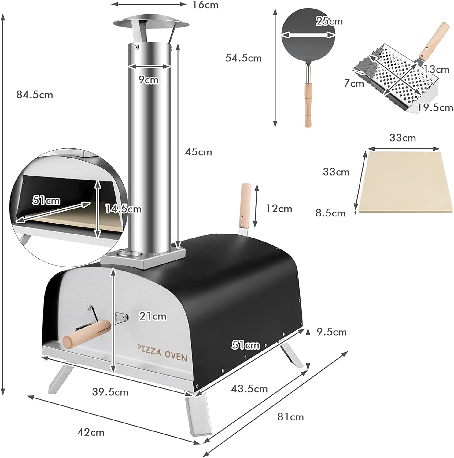 Ein Pizzaofen mit Maßangaben. Der Ofen ist schwarz und silber, mit Schornstein und Holzgriff.
