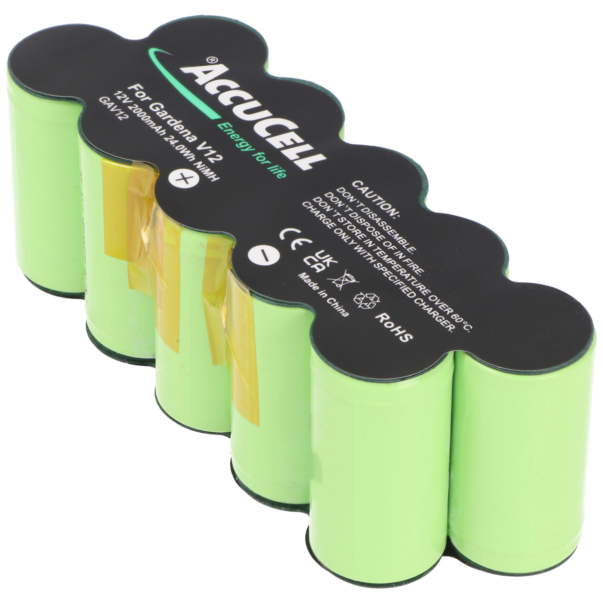Eine Packung mit sechs grünen AccuCell 12V-Batterien, mit schwarzer Oberseite und Warnhinweisen.