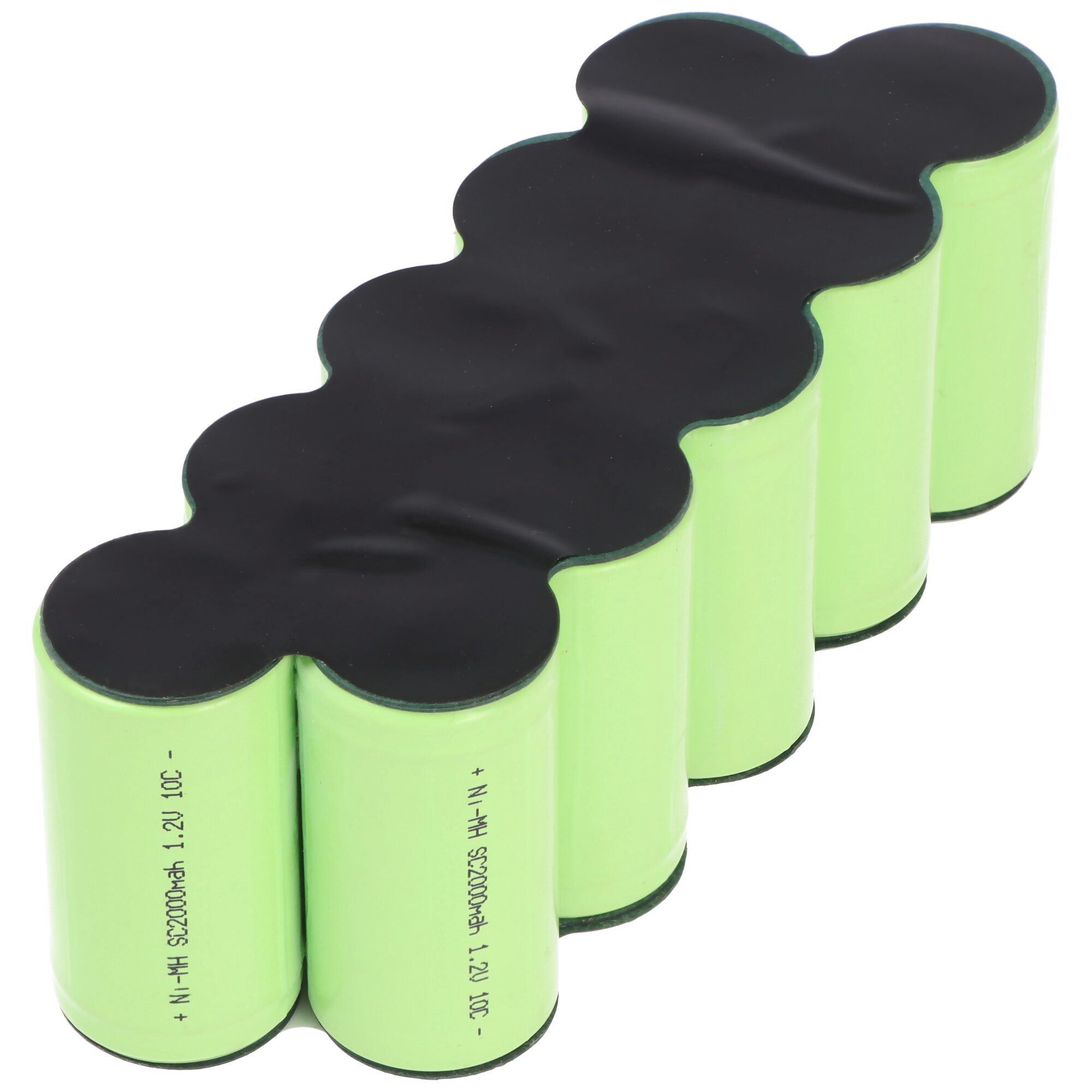 Sechs grüne zylindrische Batterien mit schwarzen Kappen. Text auf der Seite der Batterien.