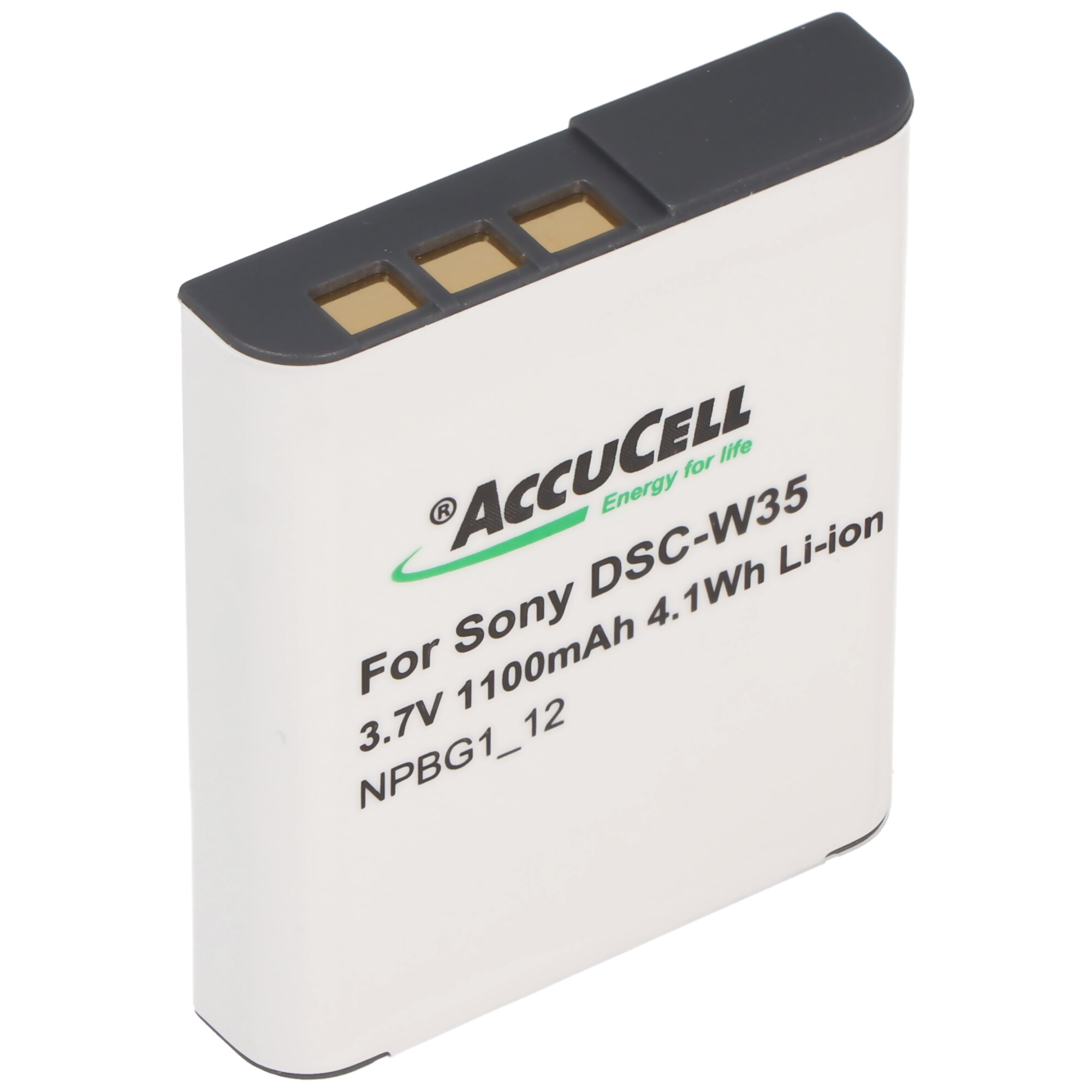 Een wit-grijze AccuCell camera-accu met opschrift 'For Sony DSC-W35', op witte achtergrond.