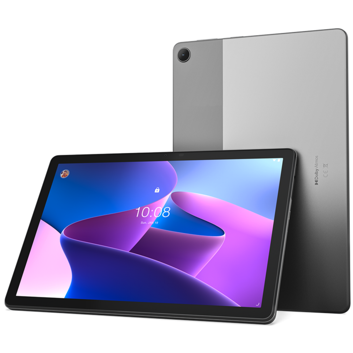 Tablet z czarną ramką, widok z przodu i z tyłu. Ekran wyświetla interfejs.