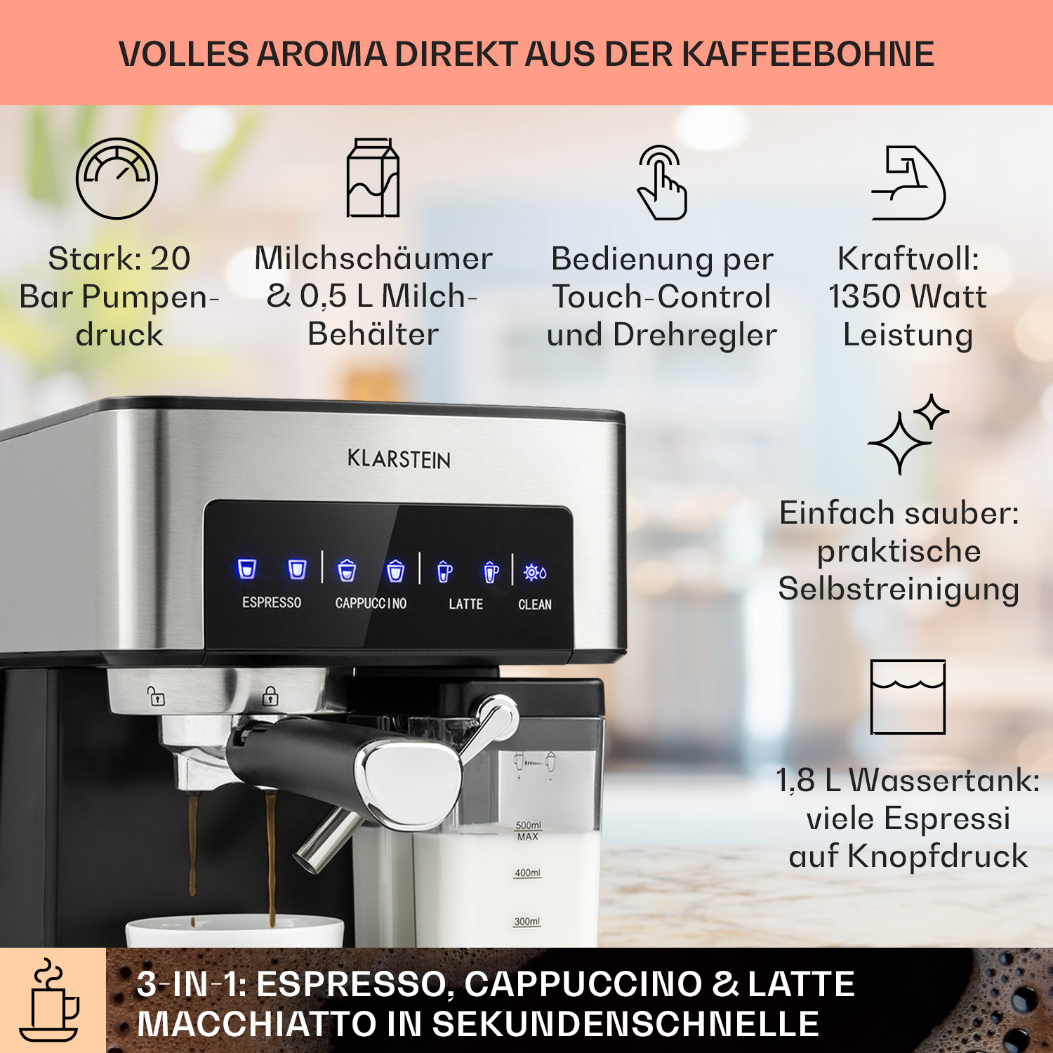 Una cafetera espresso negra y plateada con iconos y texto que indican sus características y funciones.