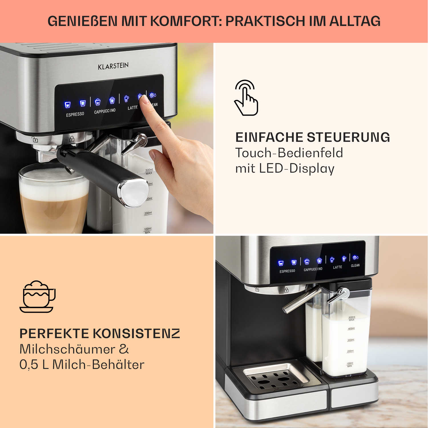 Cafetera con panel táctil, recipiente de leche y texto.