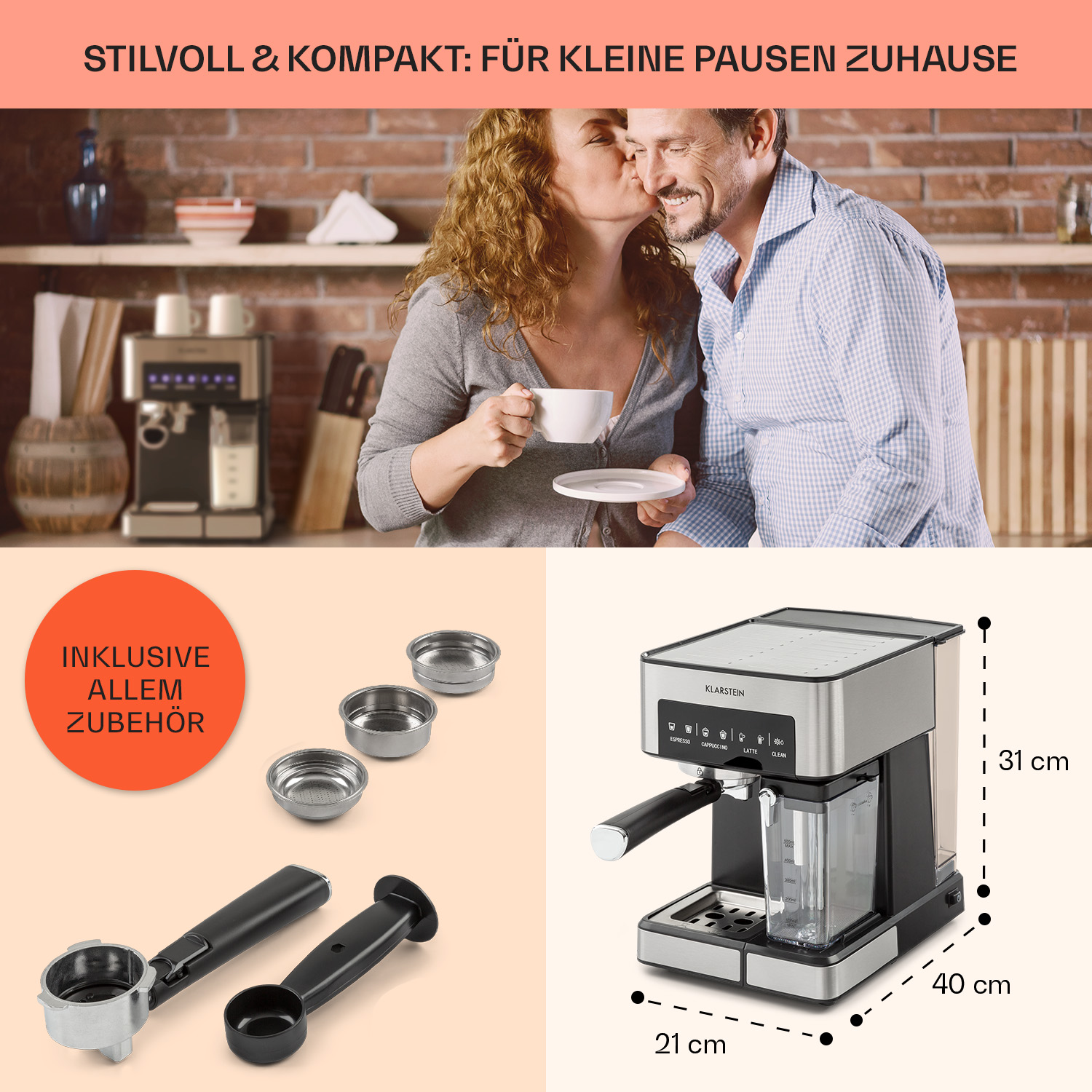 Máquina de café con accesorios. Pareja besándose en el fondo. Dimensiones de la máquina etiquetadas.