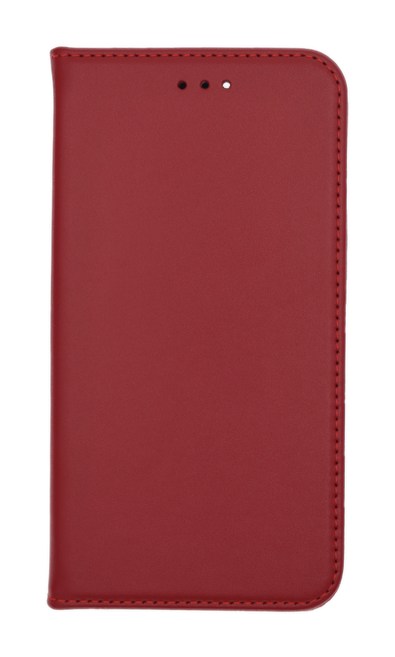 Eine rote Leder-Handyhülle, geschlossen, mit Nähten und drei Löchern.