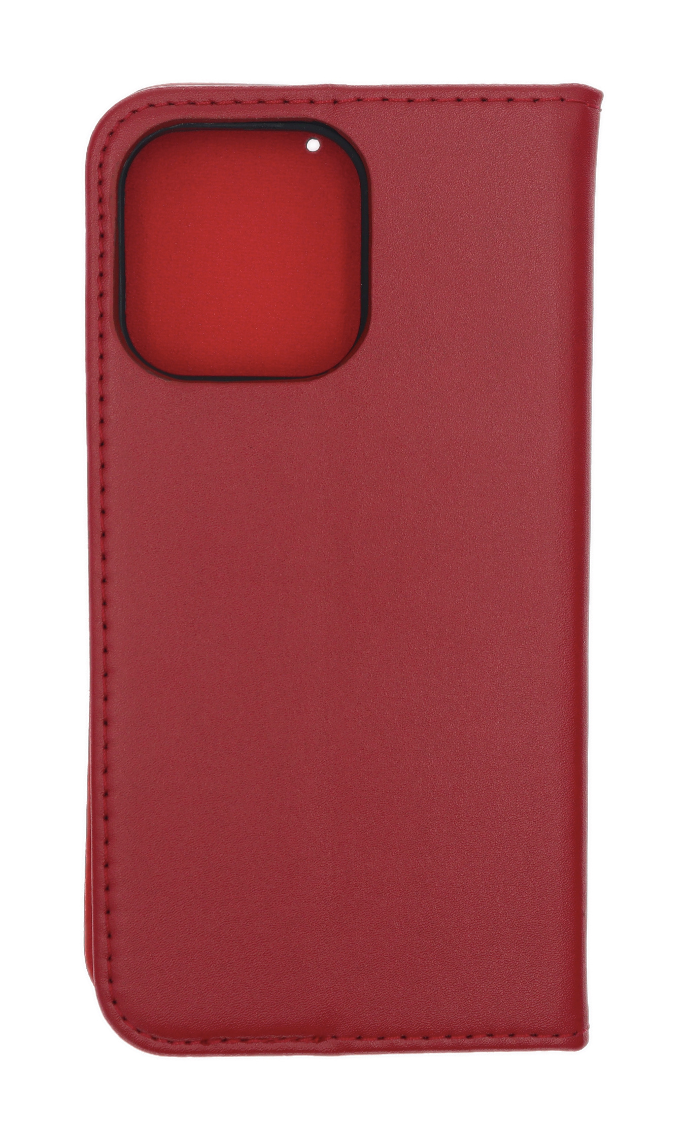 Eine weinrote Handyhülle, geschlossen, mit Kameraaussparung. Sie besteht aus rotem Leder.