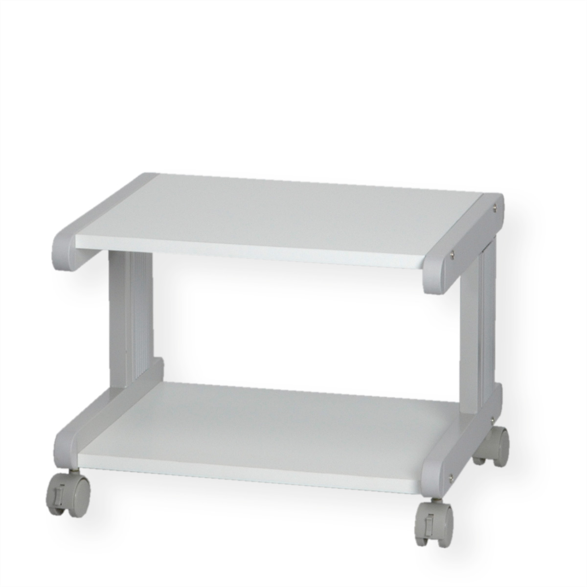 White two-tiered rolling cart with grey supports and wheels, on a white background.